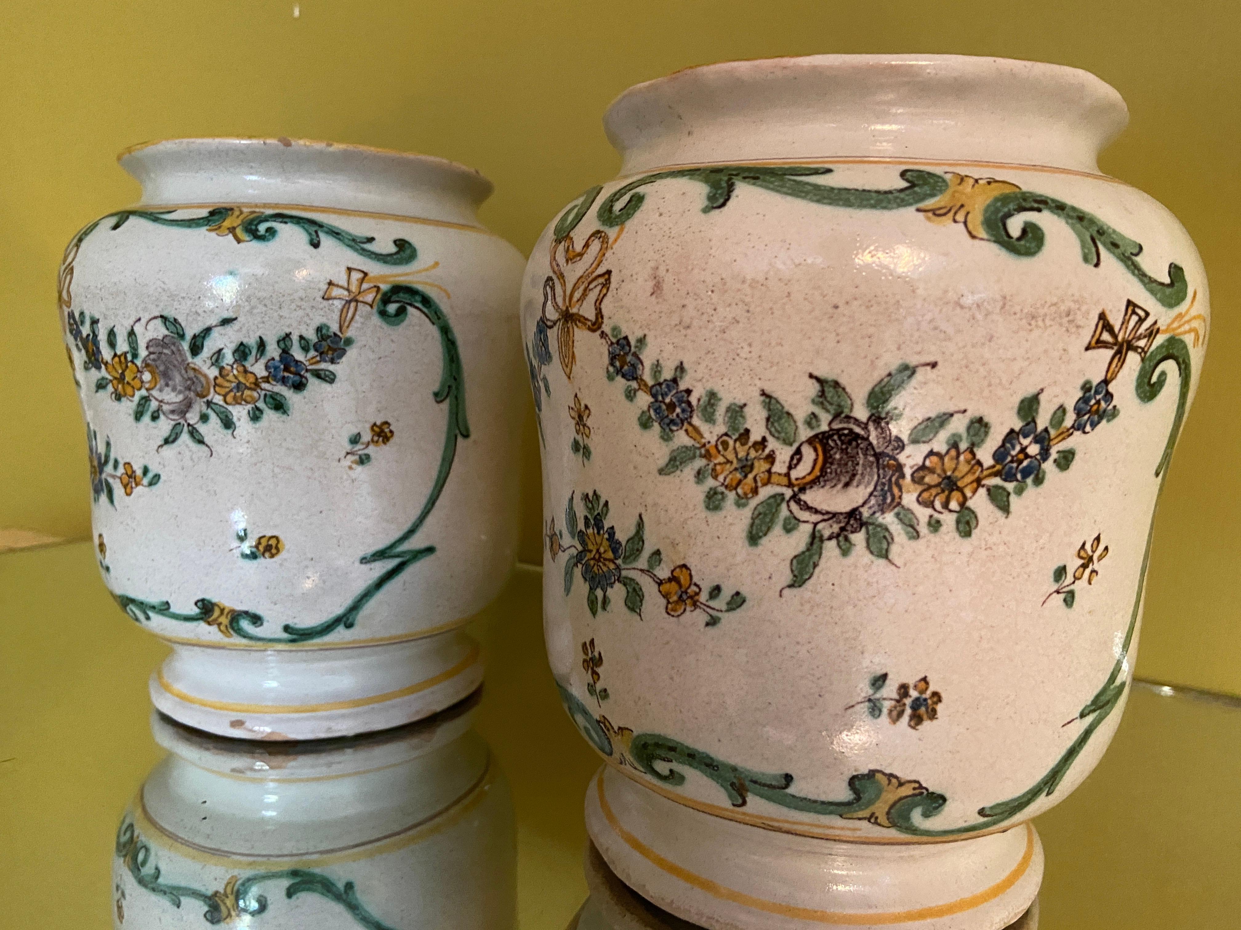 Antique Ceramic Pair of Vases with Flower Decorations, Italy 19th Century 2