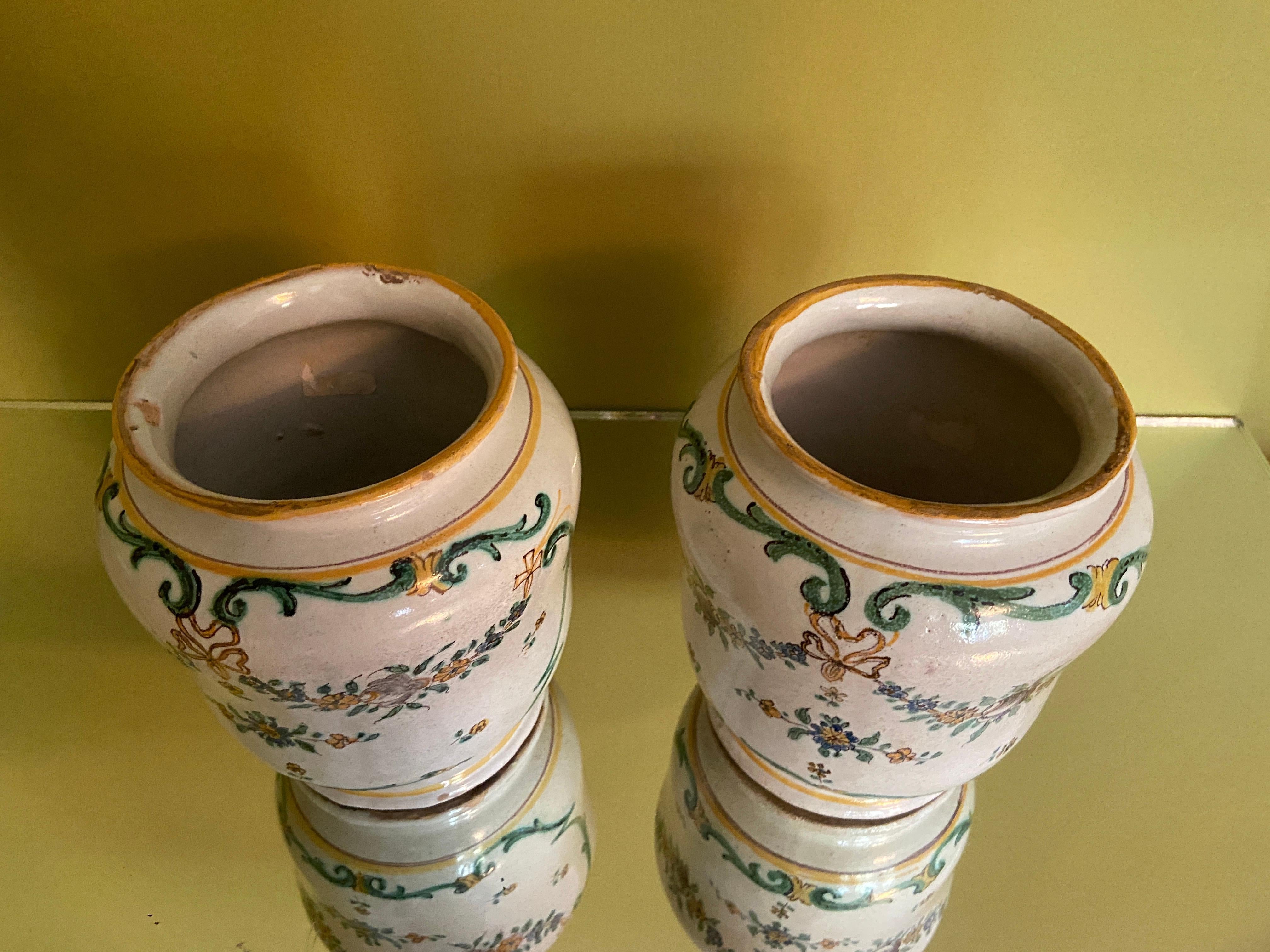 Antique Ceramic Pair of Vases with Flower Decorations, Italy 19th Century 3