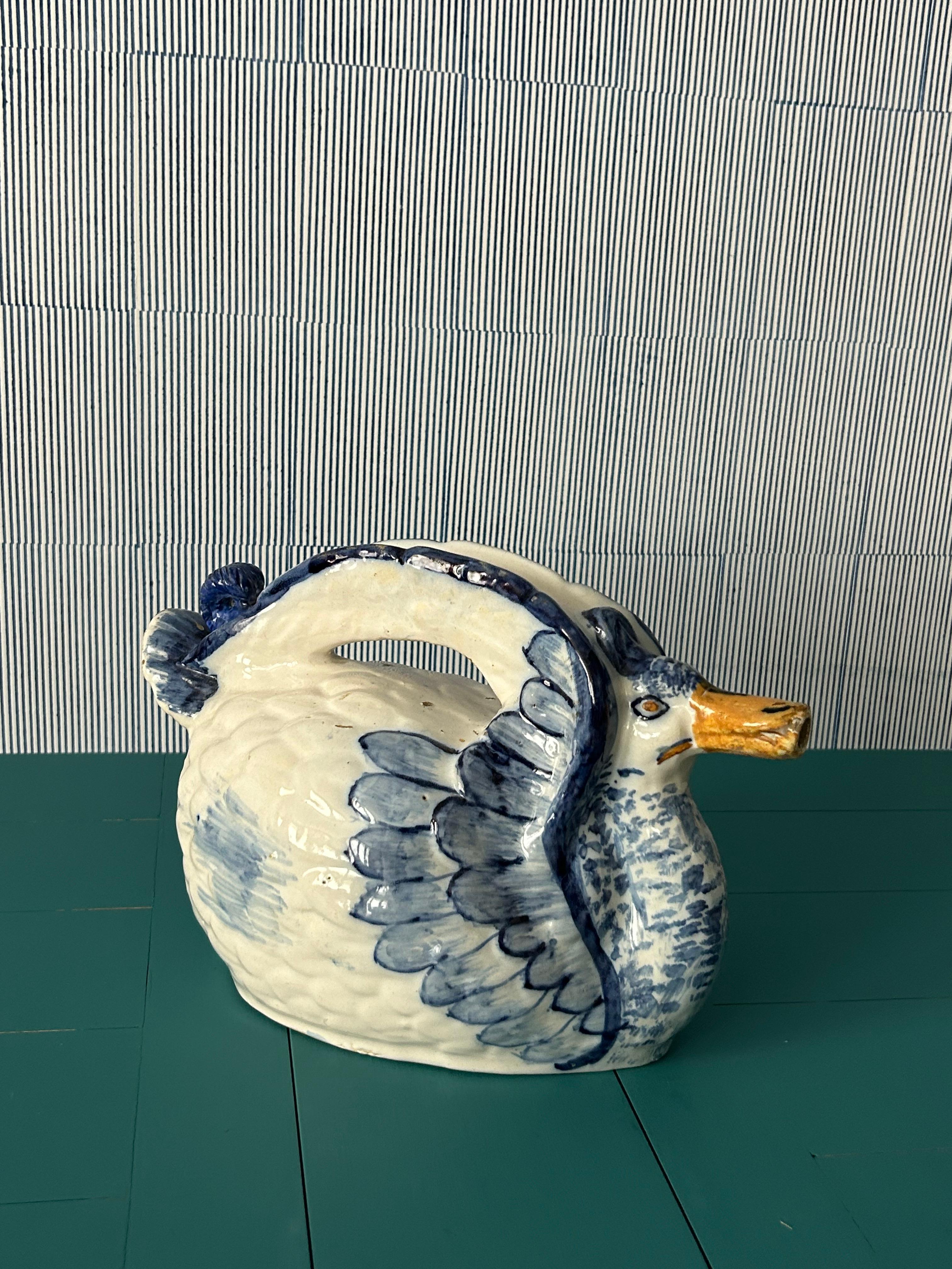 Hand-Crafted Antique Ceramic Pitcher in The Shape of a Duck, Portugal, 19th Century For Sale