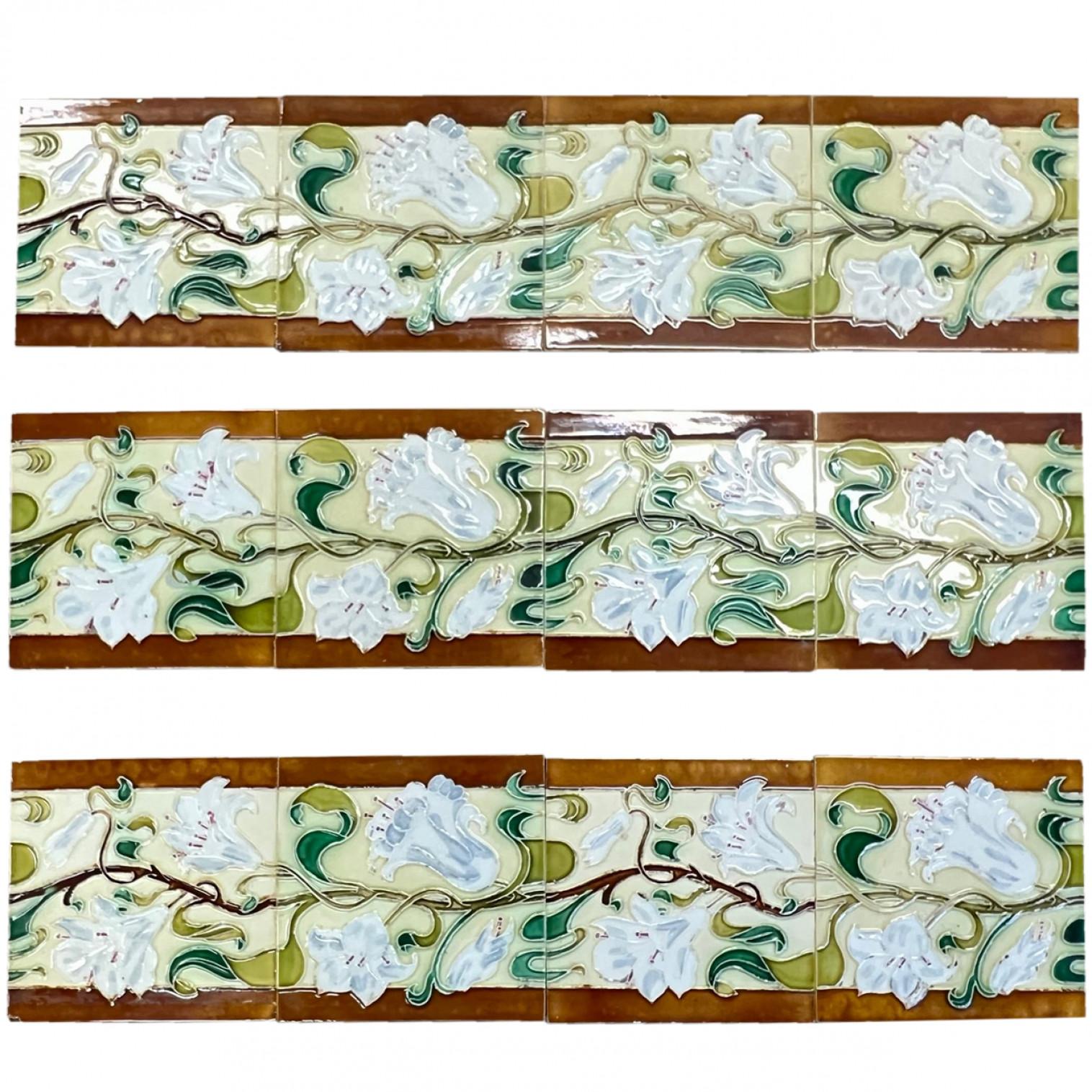 1 of the 36 amazing and unique handmade ceramic tiles. Manufactured by Societe Morialme, circa 1920s. Stylized design in wonderful colors brown, yellow, green. These tiles would be charming displayed on easels, framed or incorporated into a custom