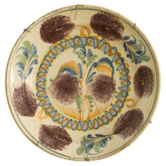 Antique Ceramic Wall Platter in Purple and Florals, Portugal, Early 19th Century