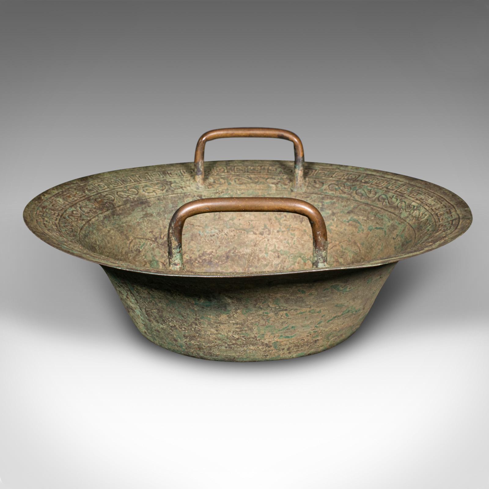 Rustic Antique Ceremonial Bowl, Chinese, Patinated Brass, Dish, Qing, Victorian, C.1900 For Sale