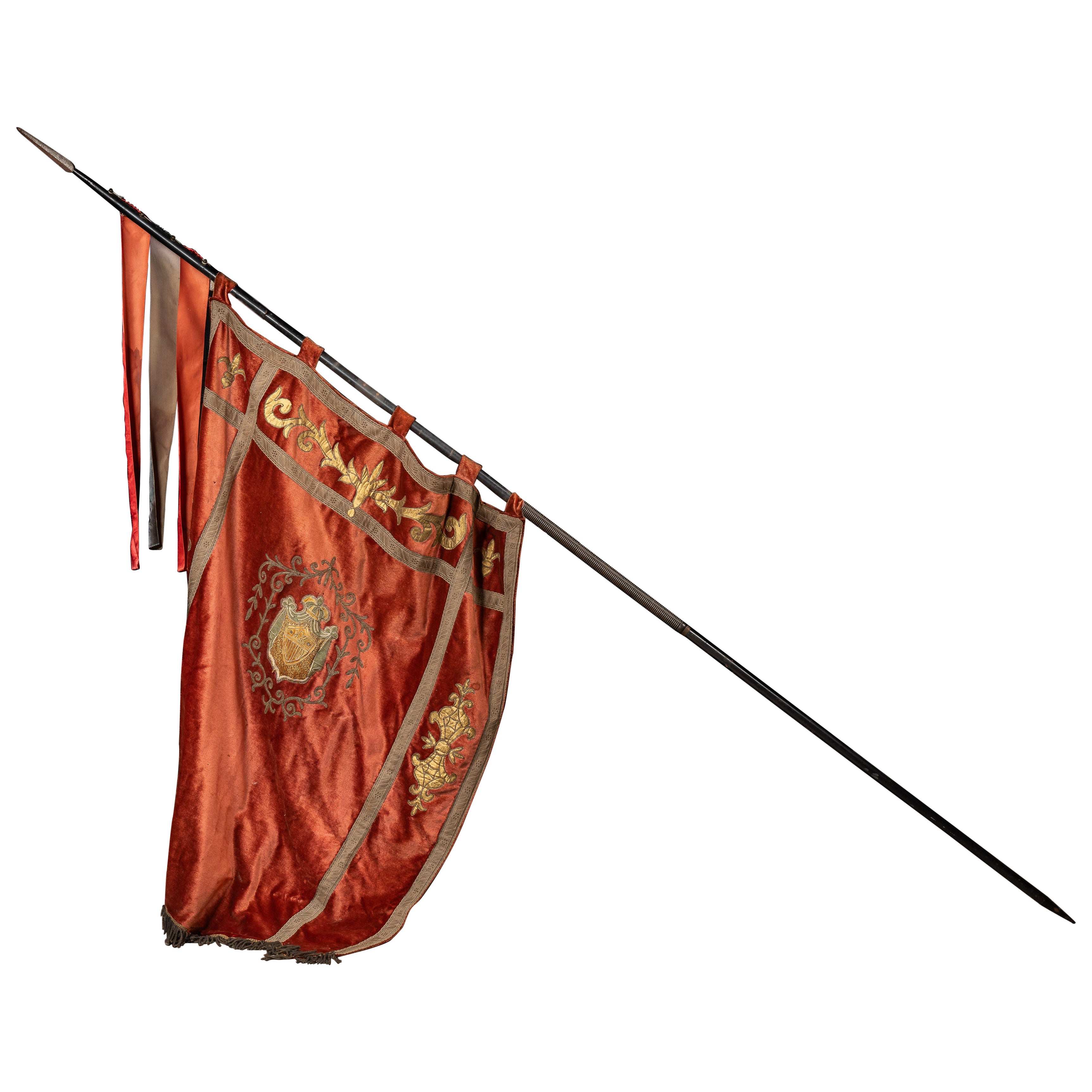Antique Ceremonial English Silk Heraldic Flag with Spear Mount