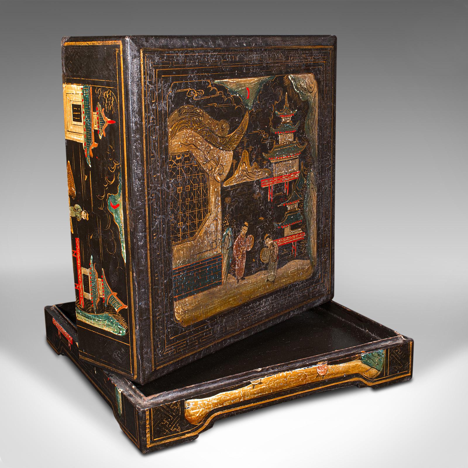 
This is an antique ceremonial presentation box. A Japanese, lacquered decorative serving case, dating to the early Victorian period, circa 1860.

Fascinating form and decorative appeal
Displays a desirable aged patina and in good original
