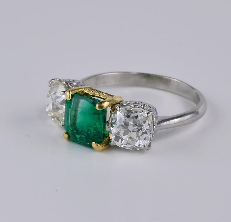 Antique Certified 1.62 Ct Colombian Emerald 2.80 Ct Old Mine Diamond ...