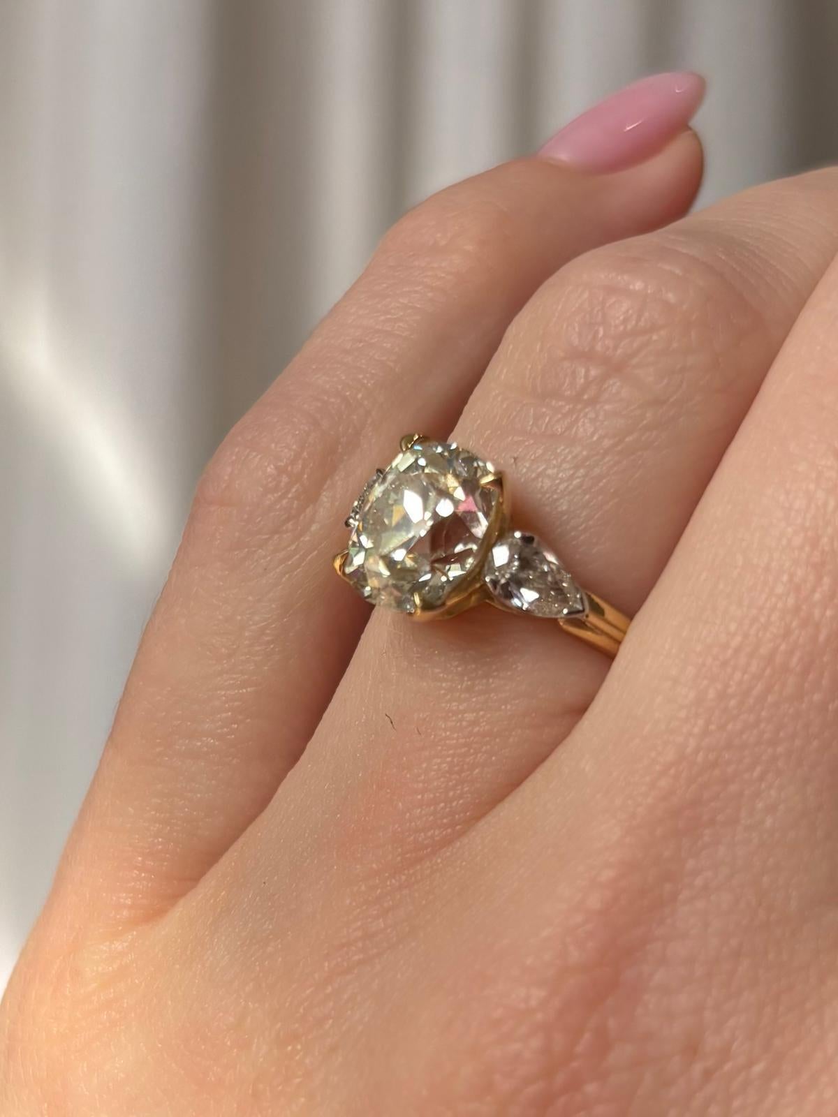 Antique Certified 3.31ct Old Cushion Cut Diamond Three Stone Ring 6