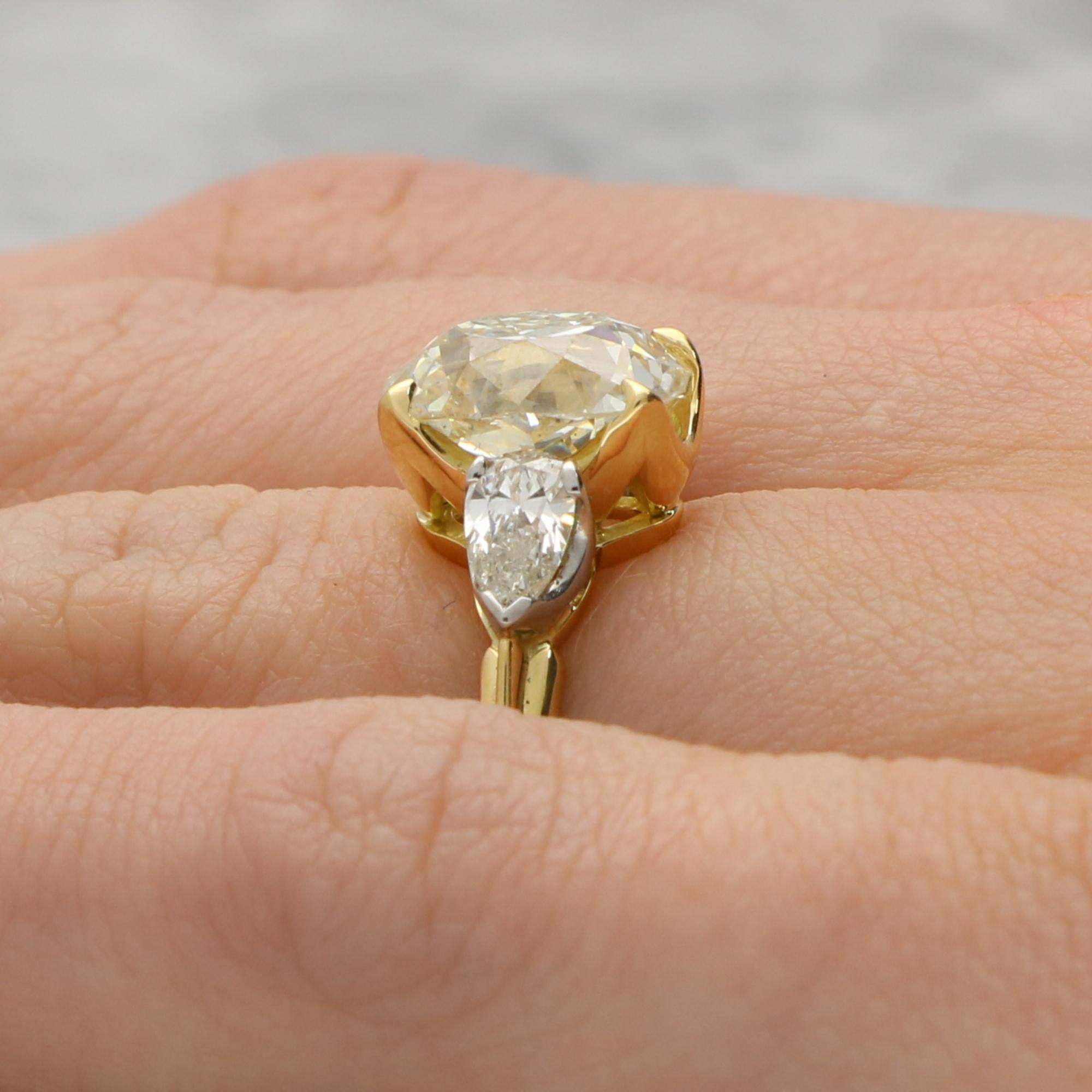 Women's or Men's Antique Certified 3.31ct Old Cushion Cut Diamond Three Stone Ring