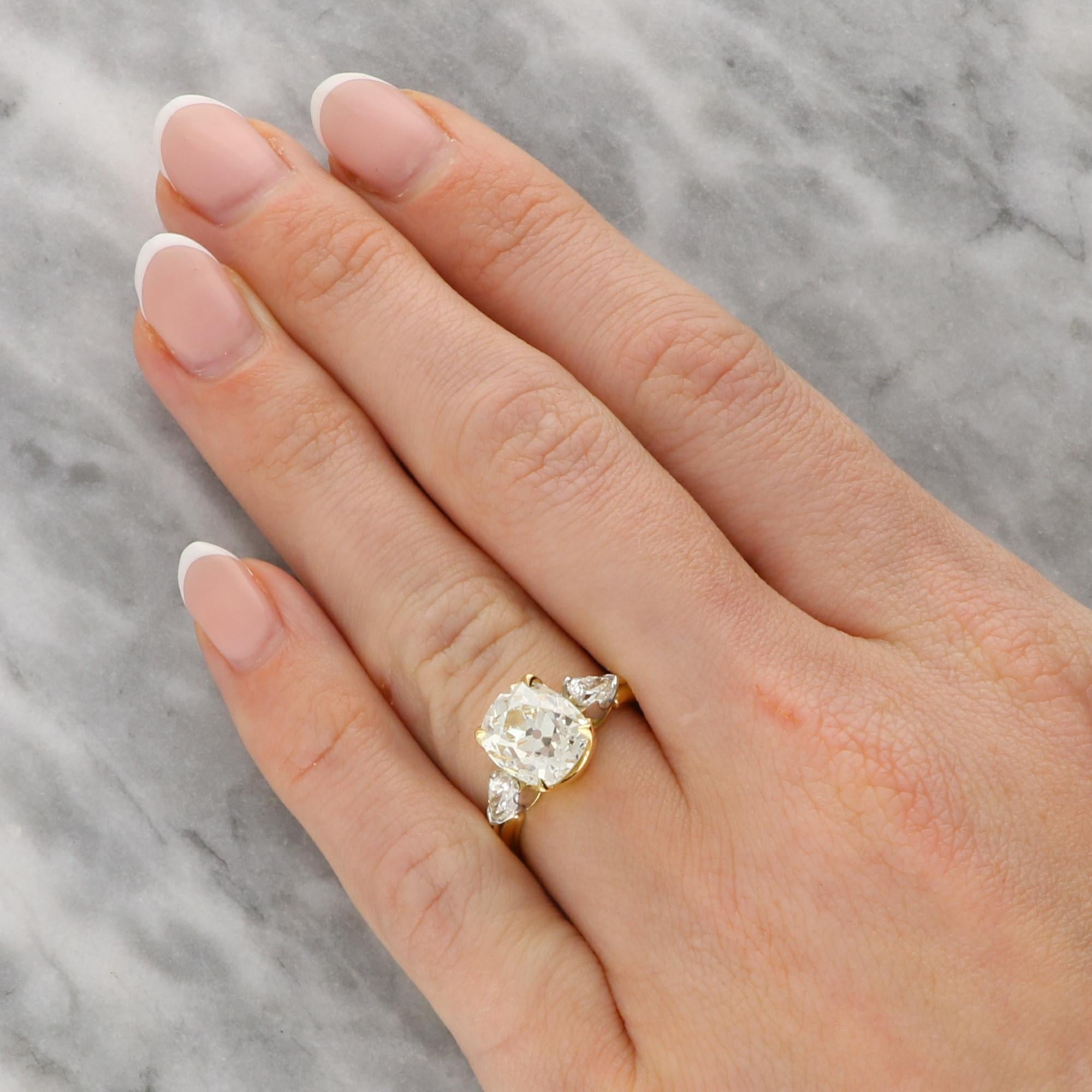 Antique Certified 3.31ct Old Cushion Cut Diamond Three Stone Ring 2