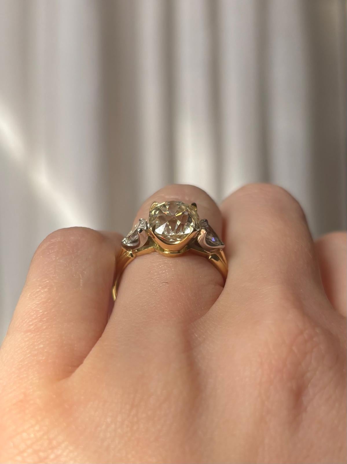 Antique Certified 3.31ct Old Cushion Cut Diamond Three Stone Ring 4