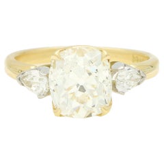 Antique Certified 3.31ct Old Cushion Cut Diamond Three Stone Ring