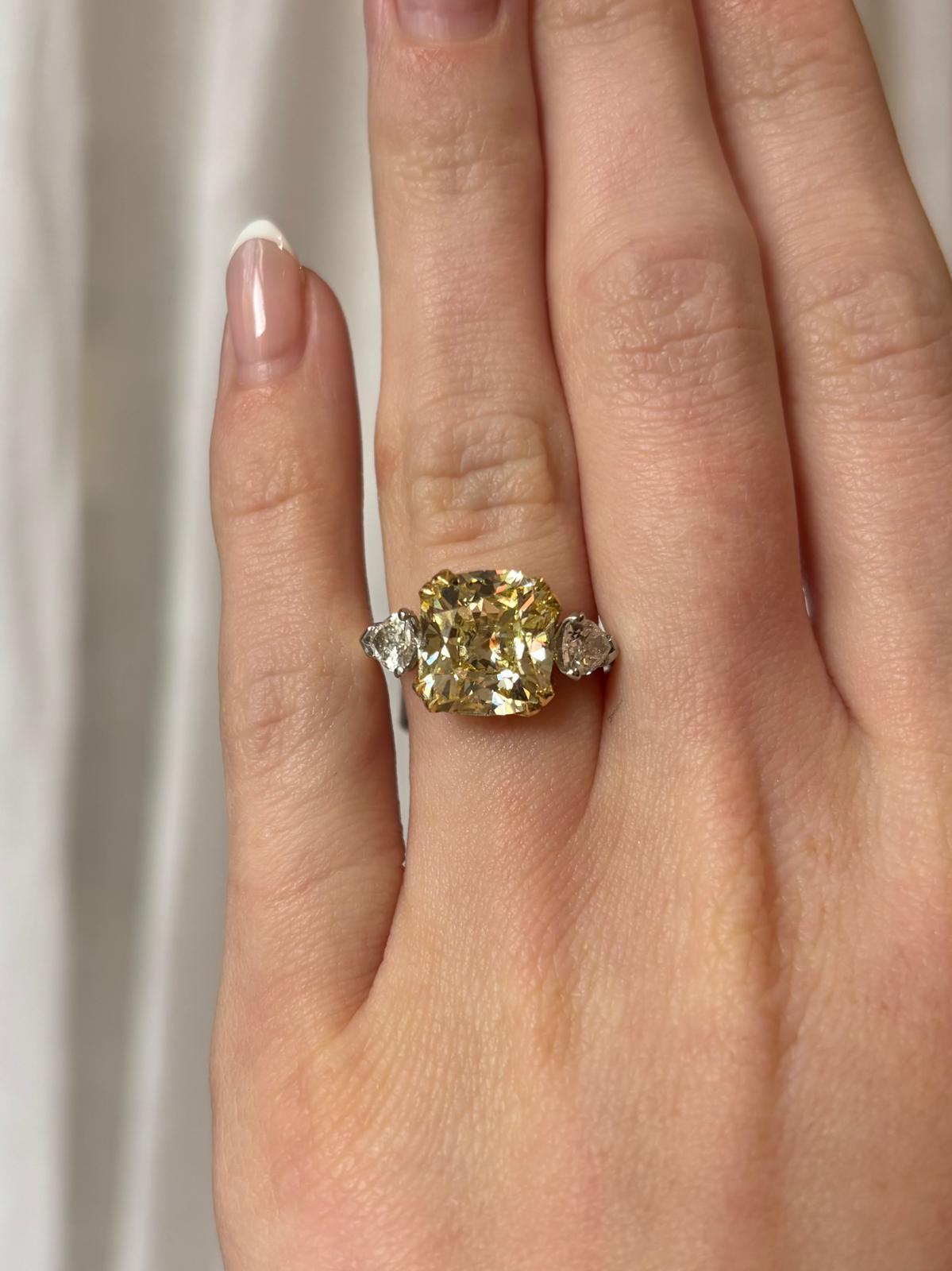 Antique Certified 4.97ct Fancy Light Yellow Old Cushion Cut Diamond Ring For Sale 5