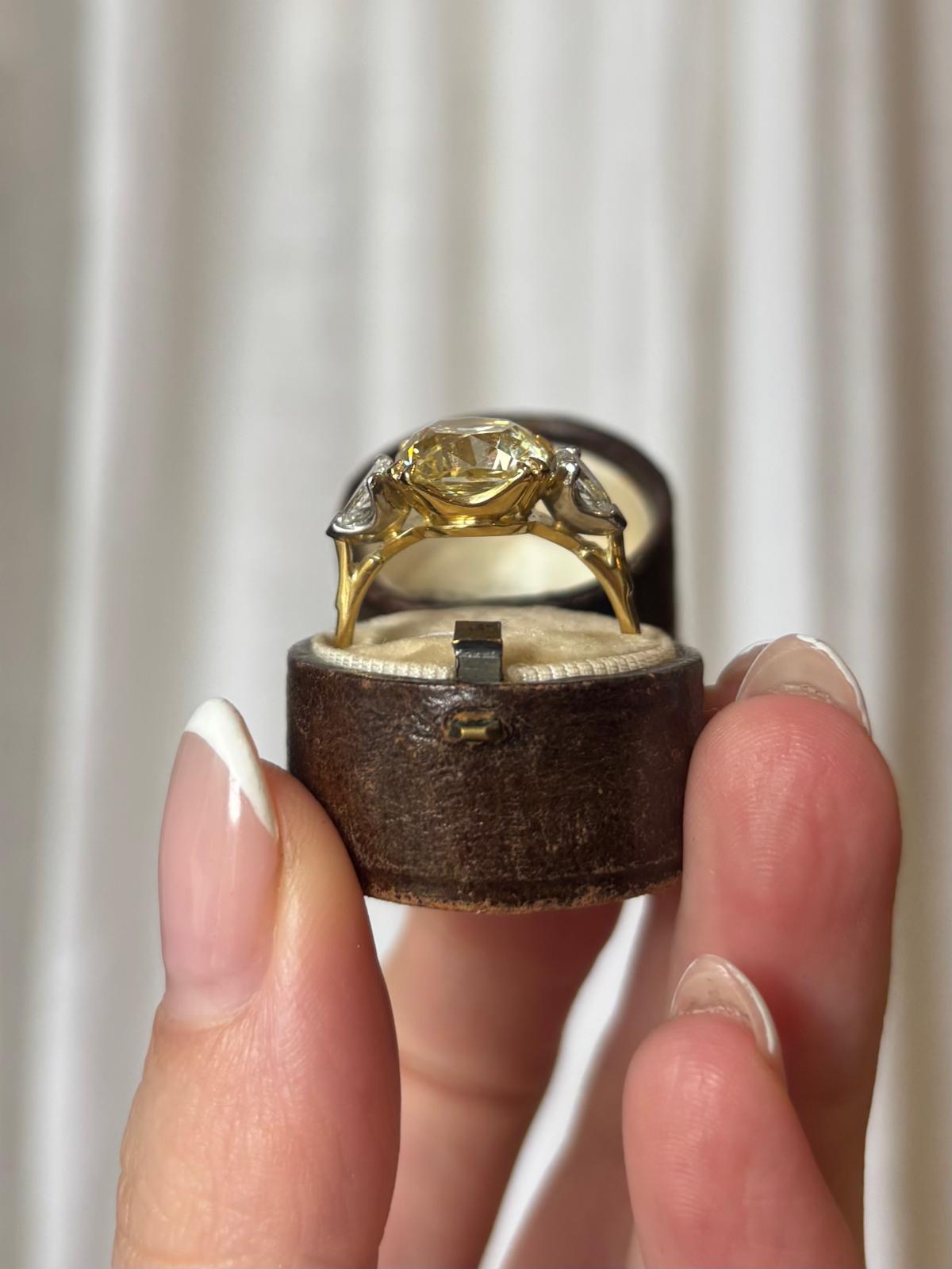 Antique Certified 4.97ct Fancy Light Yellow Old Cushion Cut Diamond Ring For Sale 7