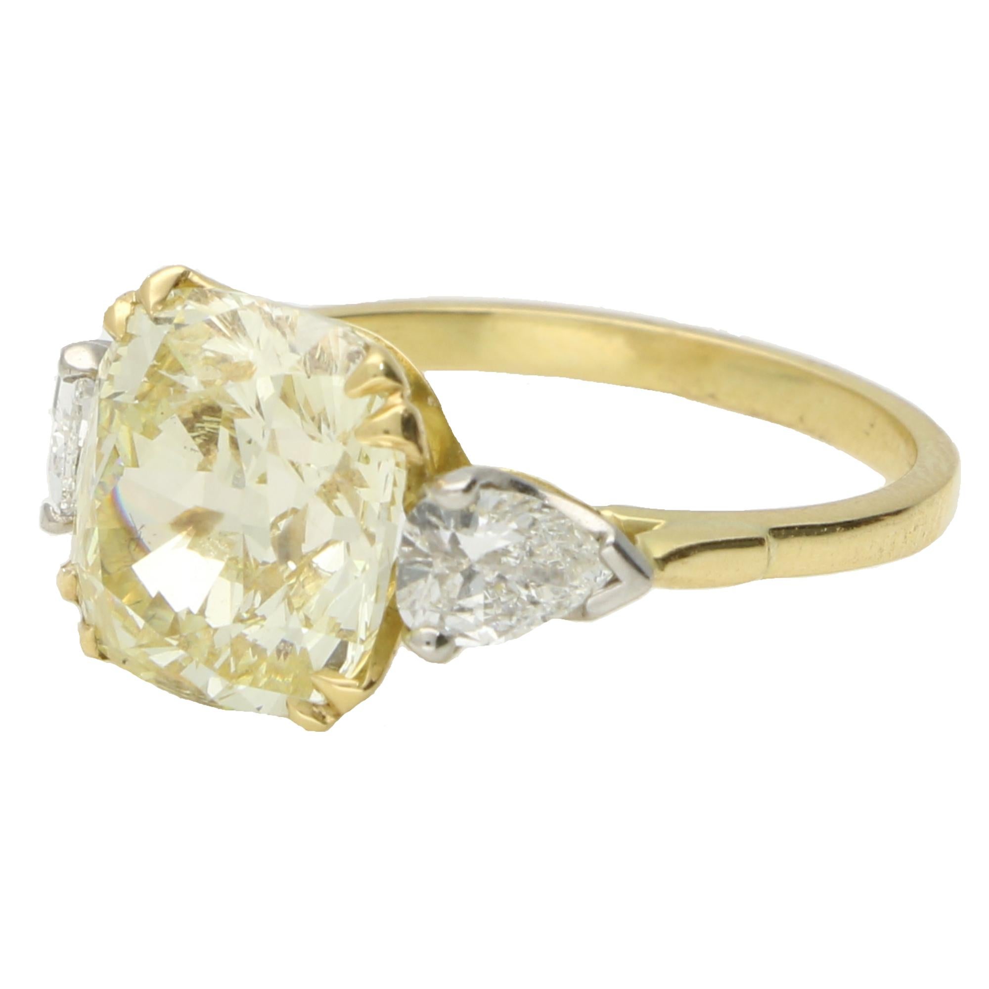 Antique Cushion Cut Antique Certified 4.97ct Fancy Light Yellow Old Cushion Cut Diamond Ring For Sale
