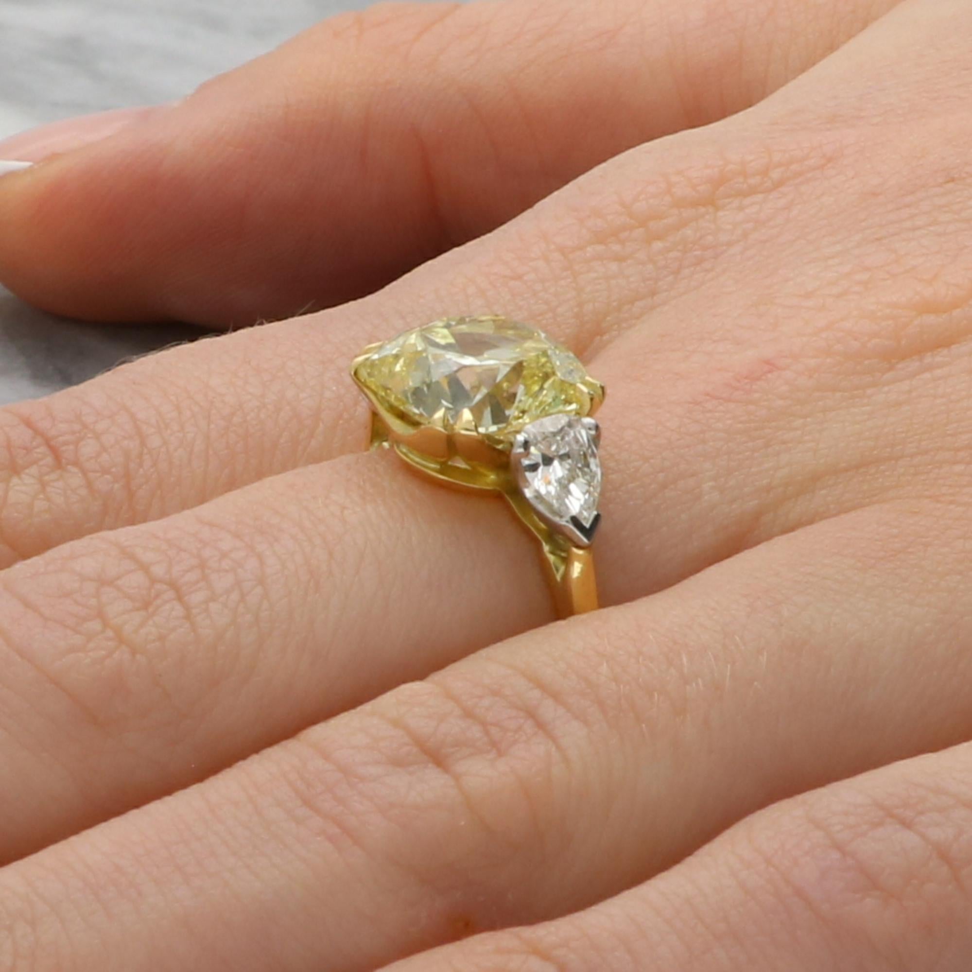Antique Certified 4.97ct Fancy Light Yellow Old Cushion Cut Diamond Ring For Sale 2