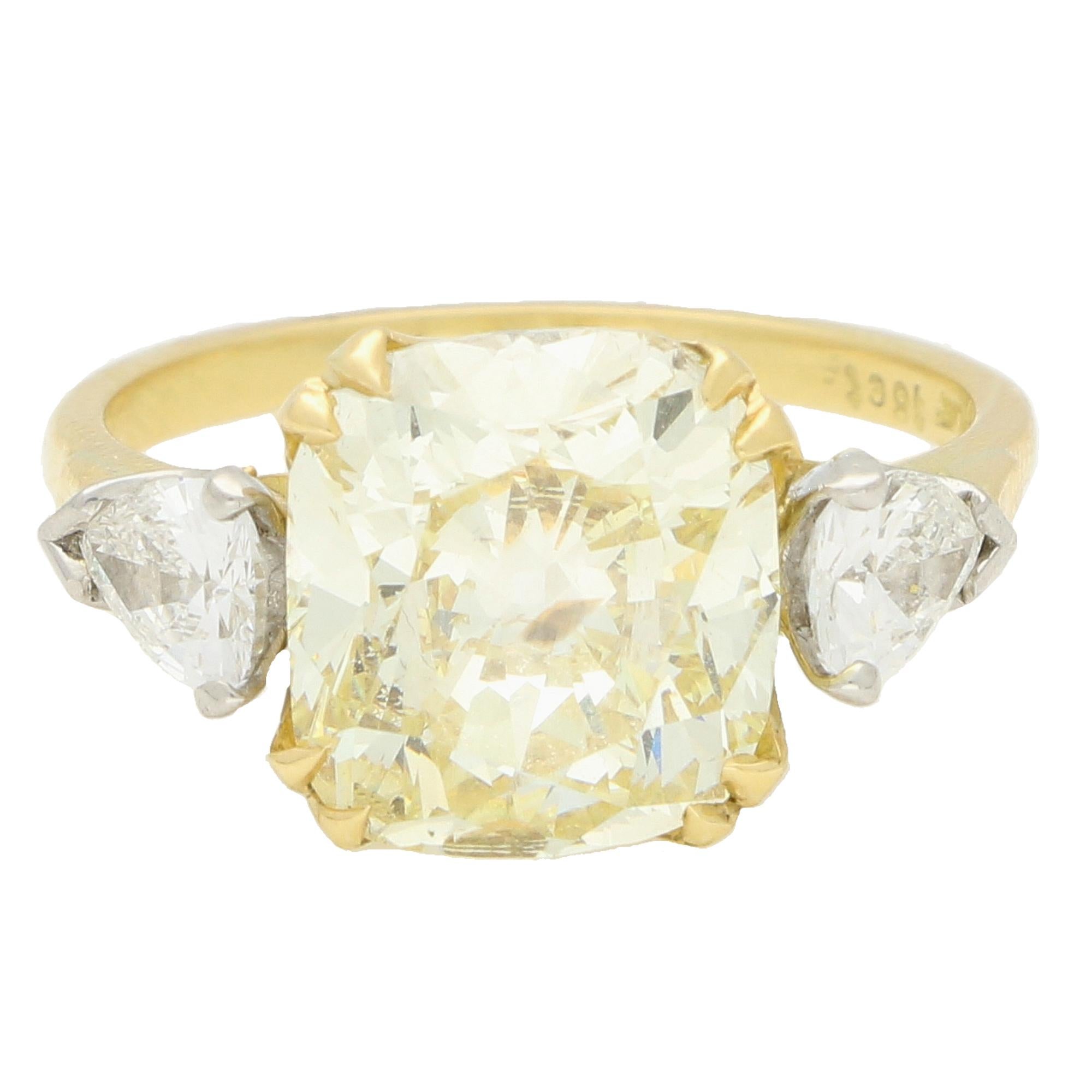 Antique Certified 4.97ct Fancy Light Yellow Old Cushion Cut Diamond Ring For Sale 3
