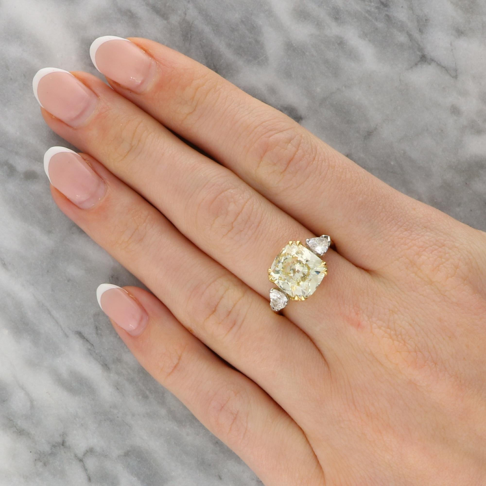 Antique Certified 4.97ct Fancy Light Yellow Old Cushion Cut Diamond Ring For Sale 4