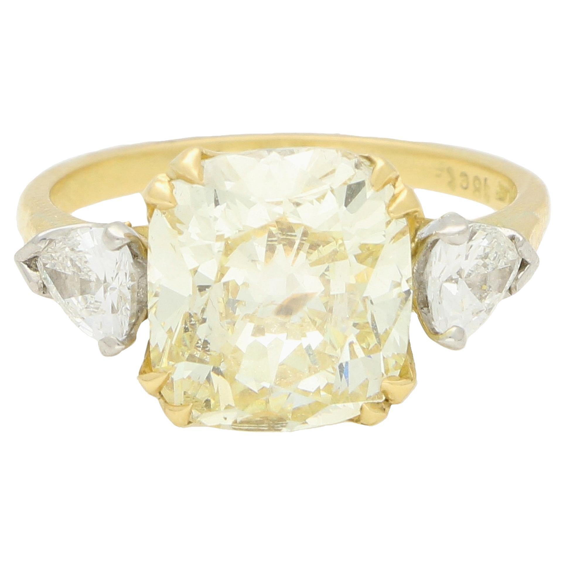 Antique Certified 4.97ct Fancy Light Yellow Old Cushion Cut Diamond Ring For Sale