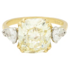 Antique Certified 4.97ct Fancy Light Yellow Old Cushion Cut Diamond Ring