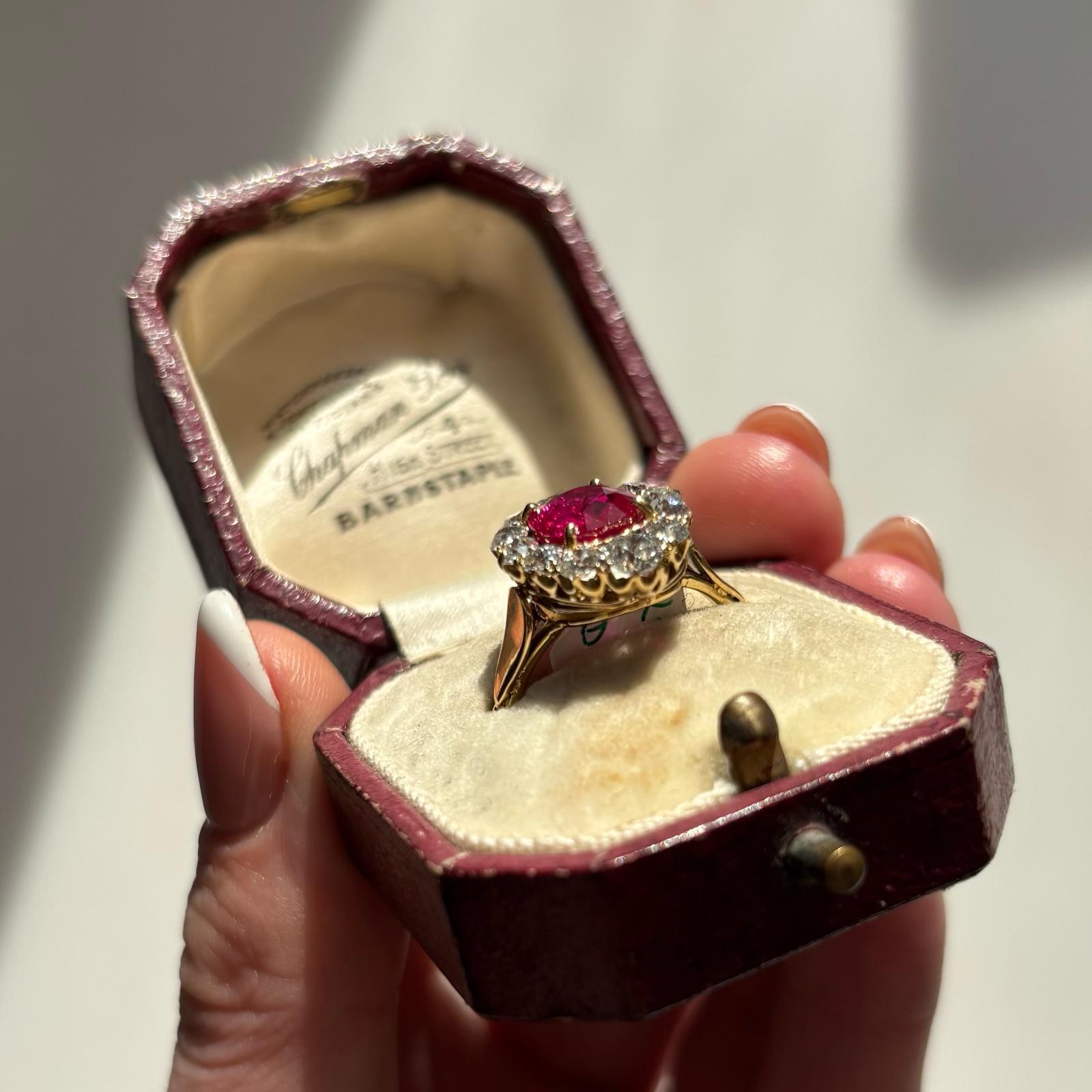 Antique Certified Burmese Ruby and Old Cut Diamond Cluster Ring For Sale 4