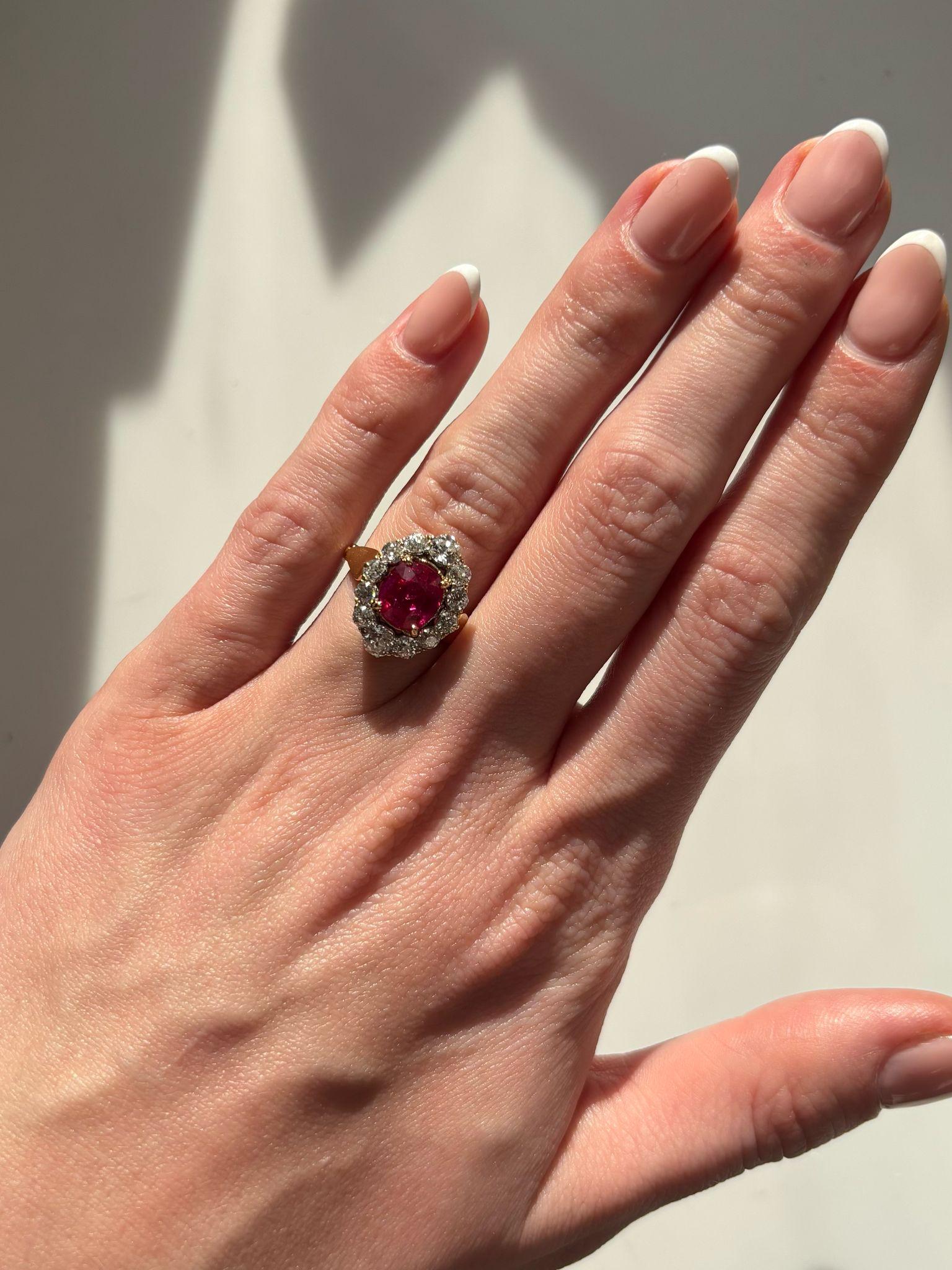 Antique Certified Burmese Ruby and Old Cut Diamond Cluster Ring For Sale 5