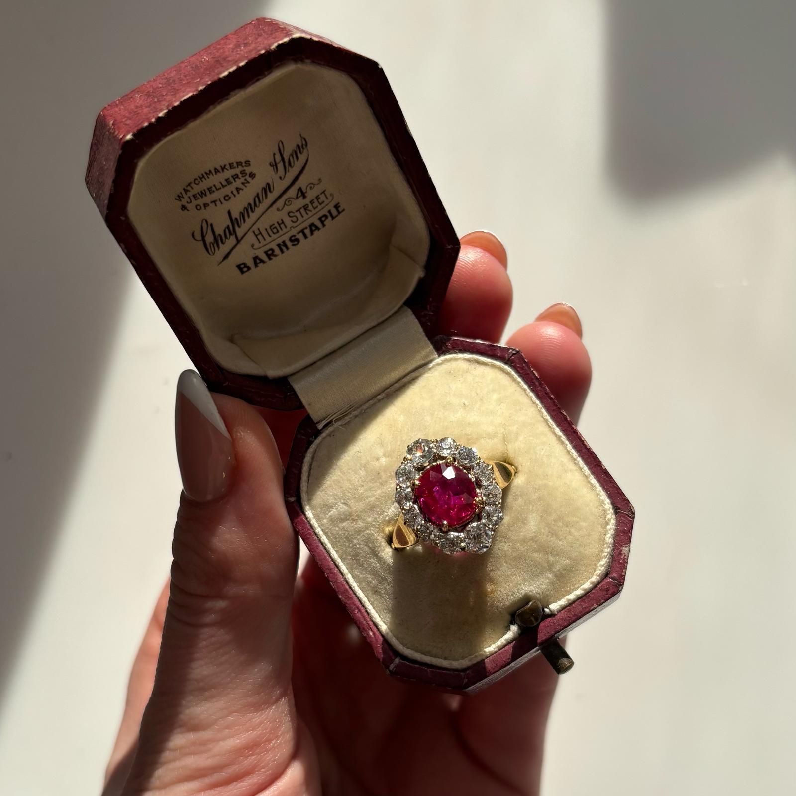 Antique Certified Burmese Ruby and Old Cut Diamond Cluster Ring For Sale 6
