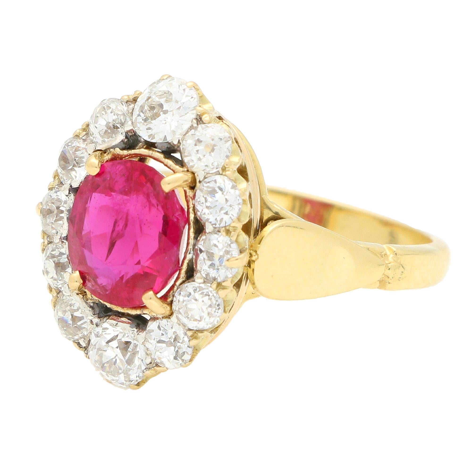 Victorian Antique Certified Burmese Ruby and Old Cut Diamond Cluster Ring For Sale