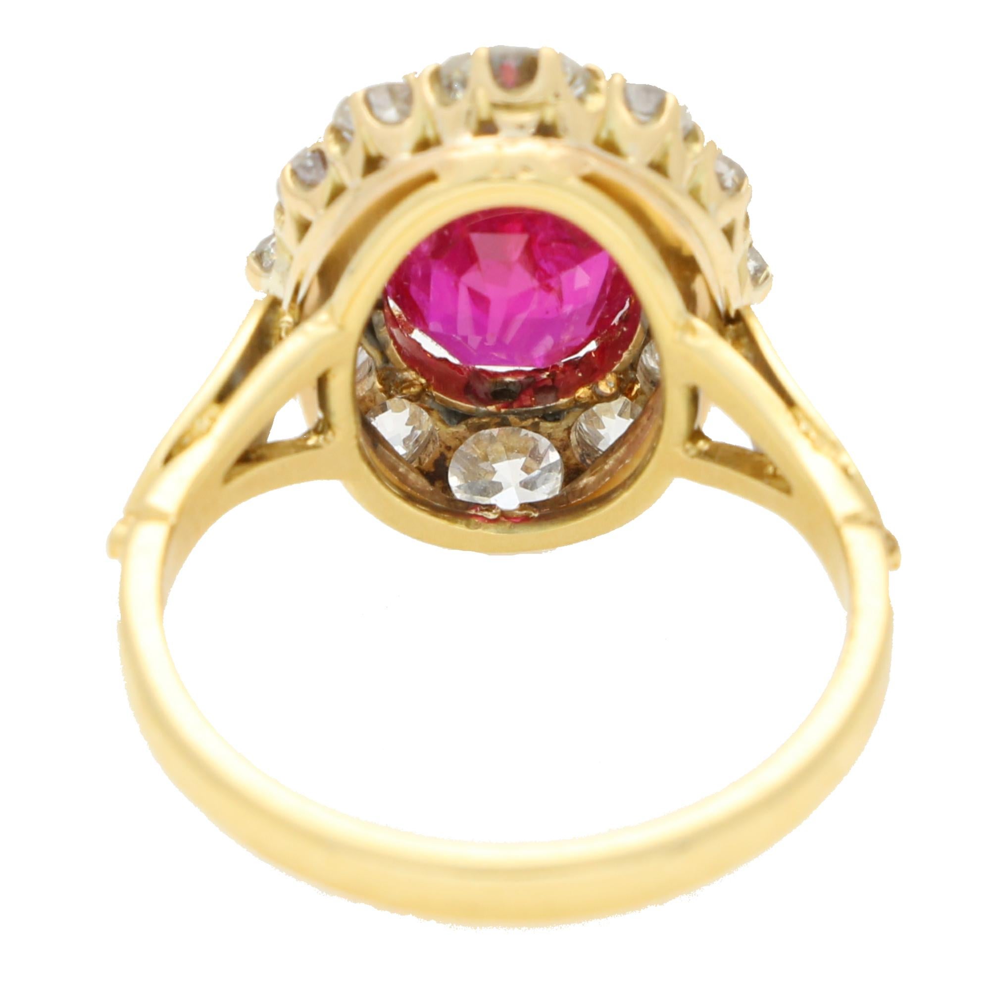 Cushion Cut Antique Certified Burmese Ruby and Old Cut Diamond Cluster Ring For Sale