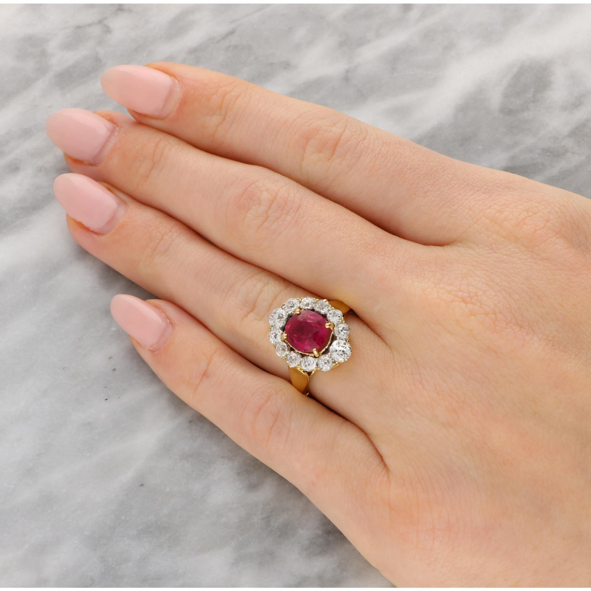 Women's or Men's Antique Certified Burmese Ruby and Old Cut Diamond Cluster Ring For Sale
