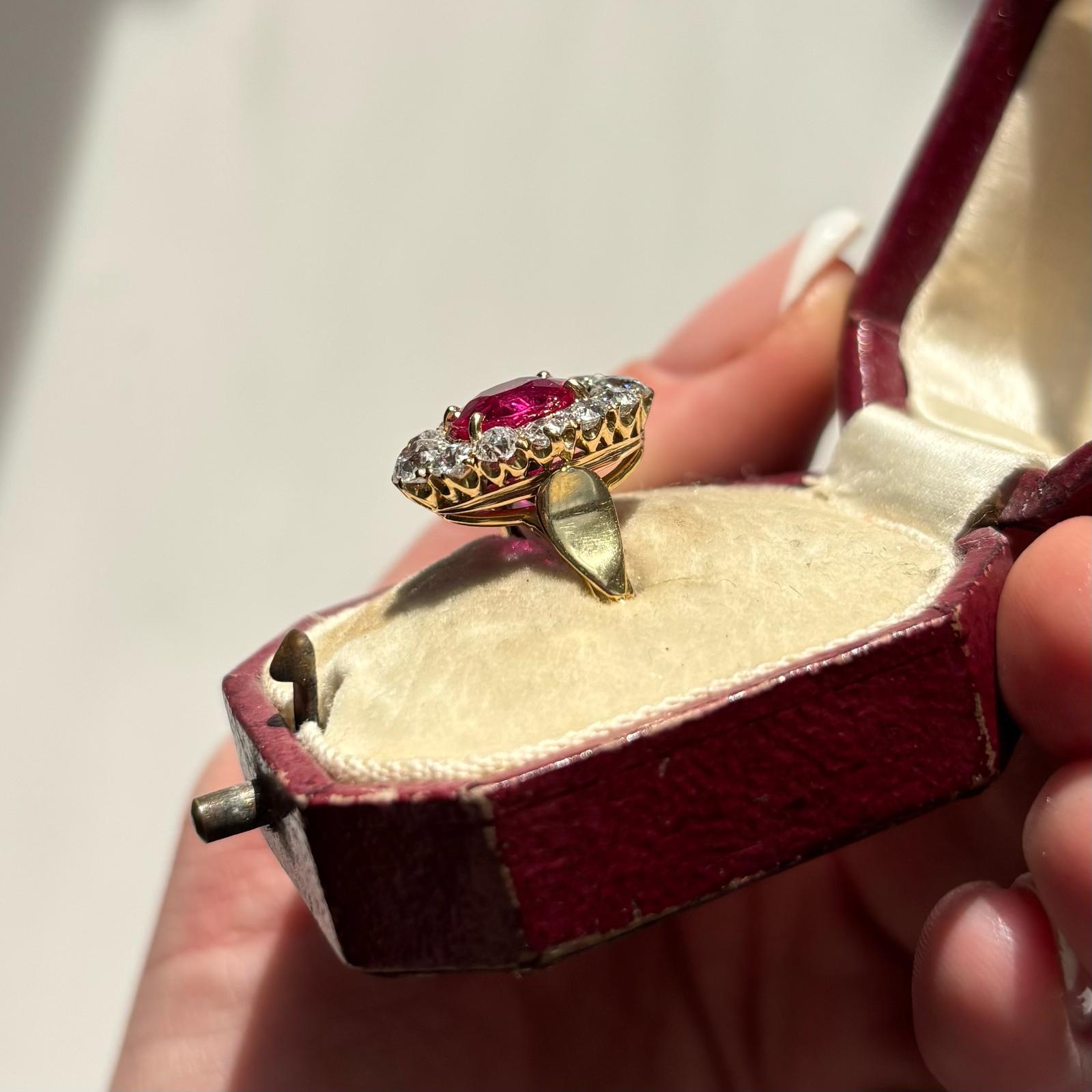 Antique Certified Burmese Ruby and Old Cut Diamond Cluster Ring For Sale 2