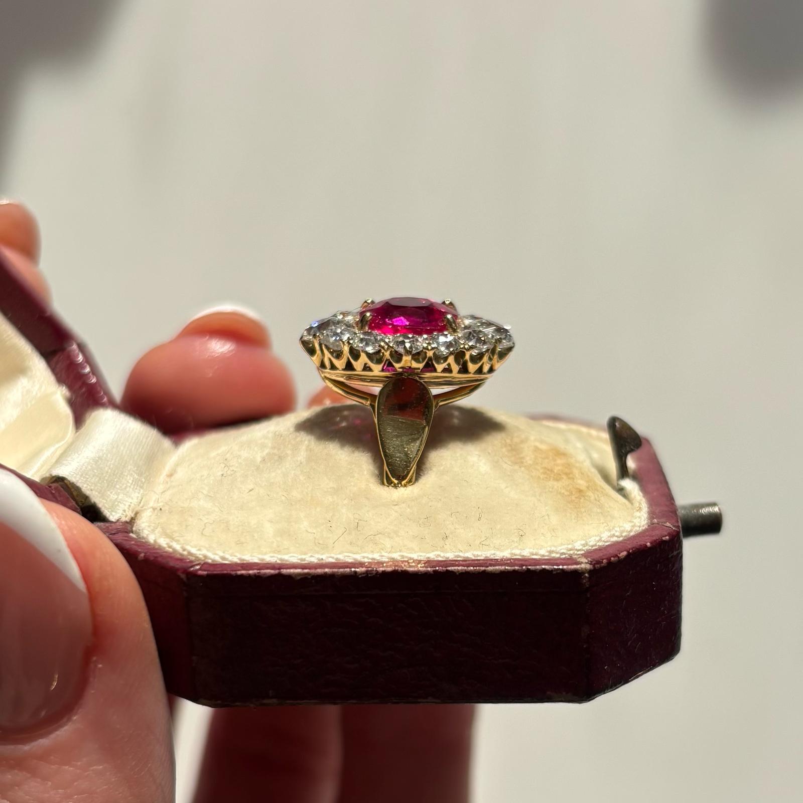 Antique Certified Burmese Ruby and Old Cut Diamond Cluster Ring For Sale 3