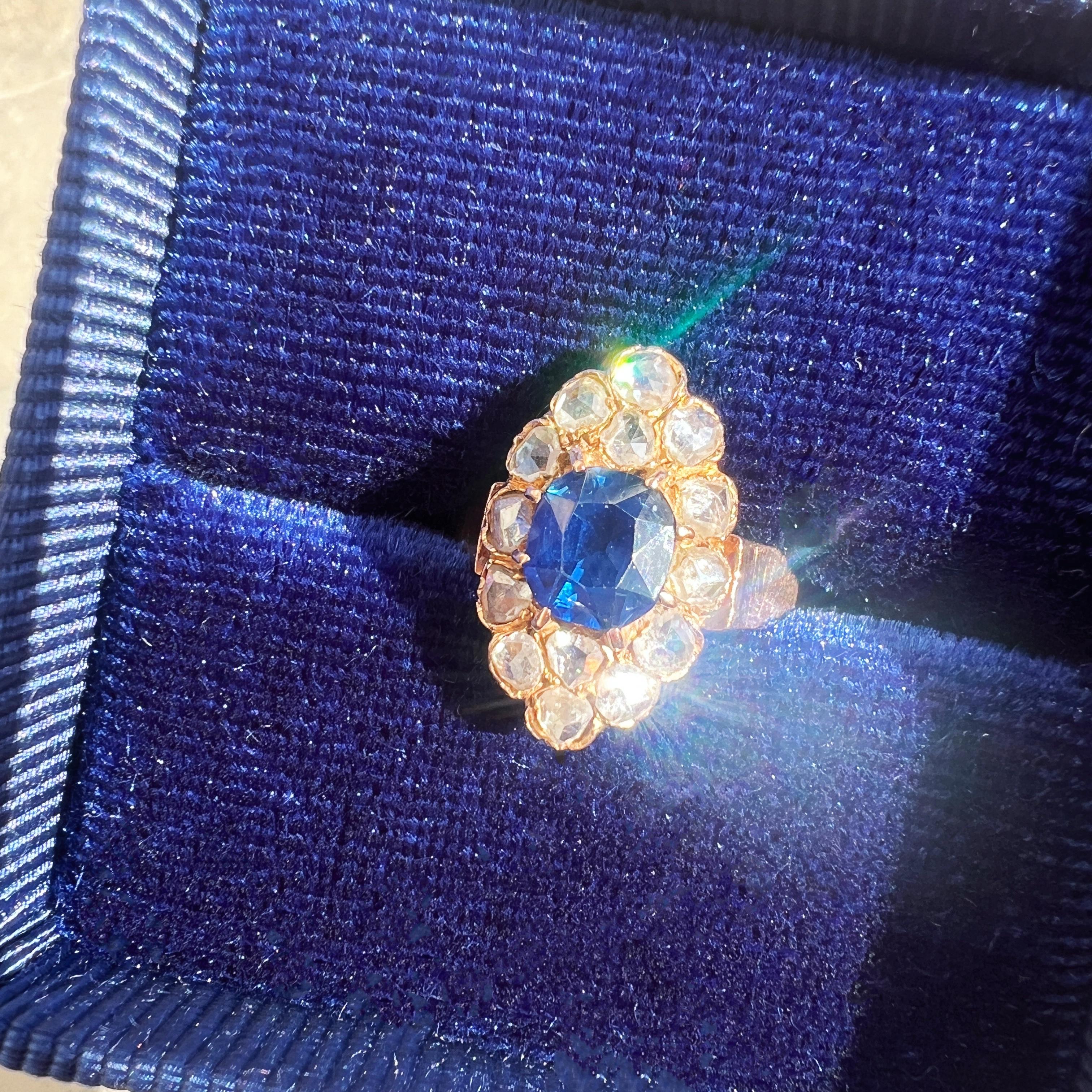 For sale a Victorian era 18K gold, LFG certified natural unheated blue sapphire diamond ring.

At the heart of the ring is a breathtaking old cushion-cut blue sapphire that steals the spotlight. The sapphire's well-saturated royal blue color is