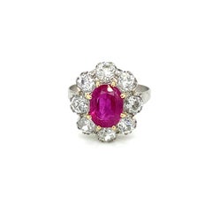 Antique Certified Natural Unheated Ruby Old Mine Diamond Platinum Ring