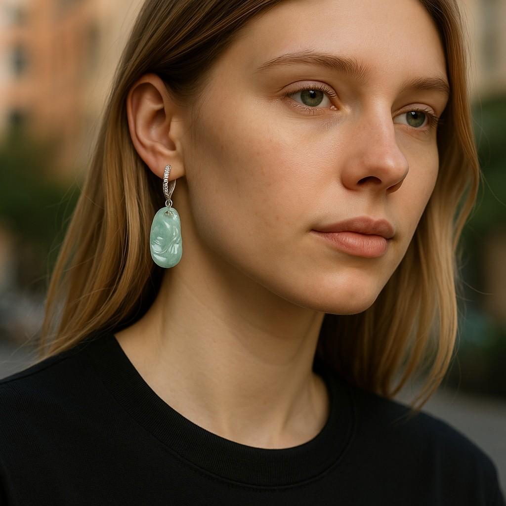 Contemporary Antique Certified Natural Untreated Carved Jade Diamond 2 Inch Hoop Earrings For Sale
