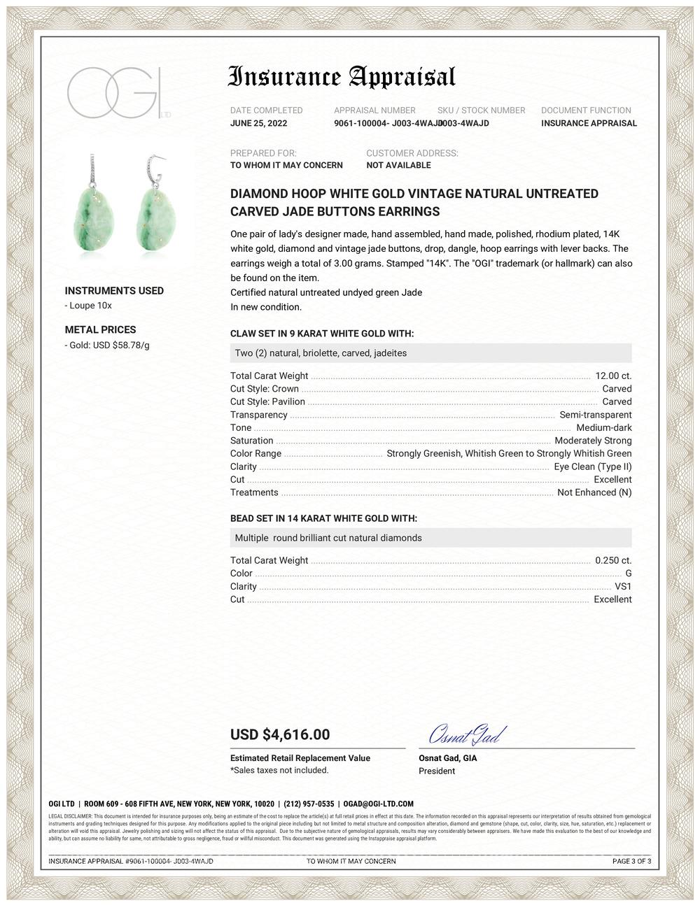 Briolette Cut Antique Certified Natural Untreated Carved Jade Diamond 2 Inch Hoop Earrings  For Sale