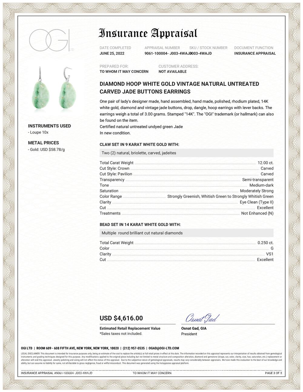 Antique Certified Natural Untreated Carved Jade Diamond 2 Inch Hoop Earrings In New Condition For Sale In New York, NY