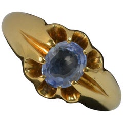 Antique Certified No Heat Ceylon Sapphire 18 Carat Gold Gypsy Solitaire Ring
