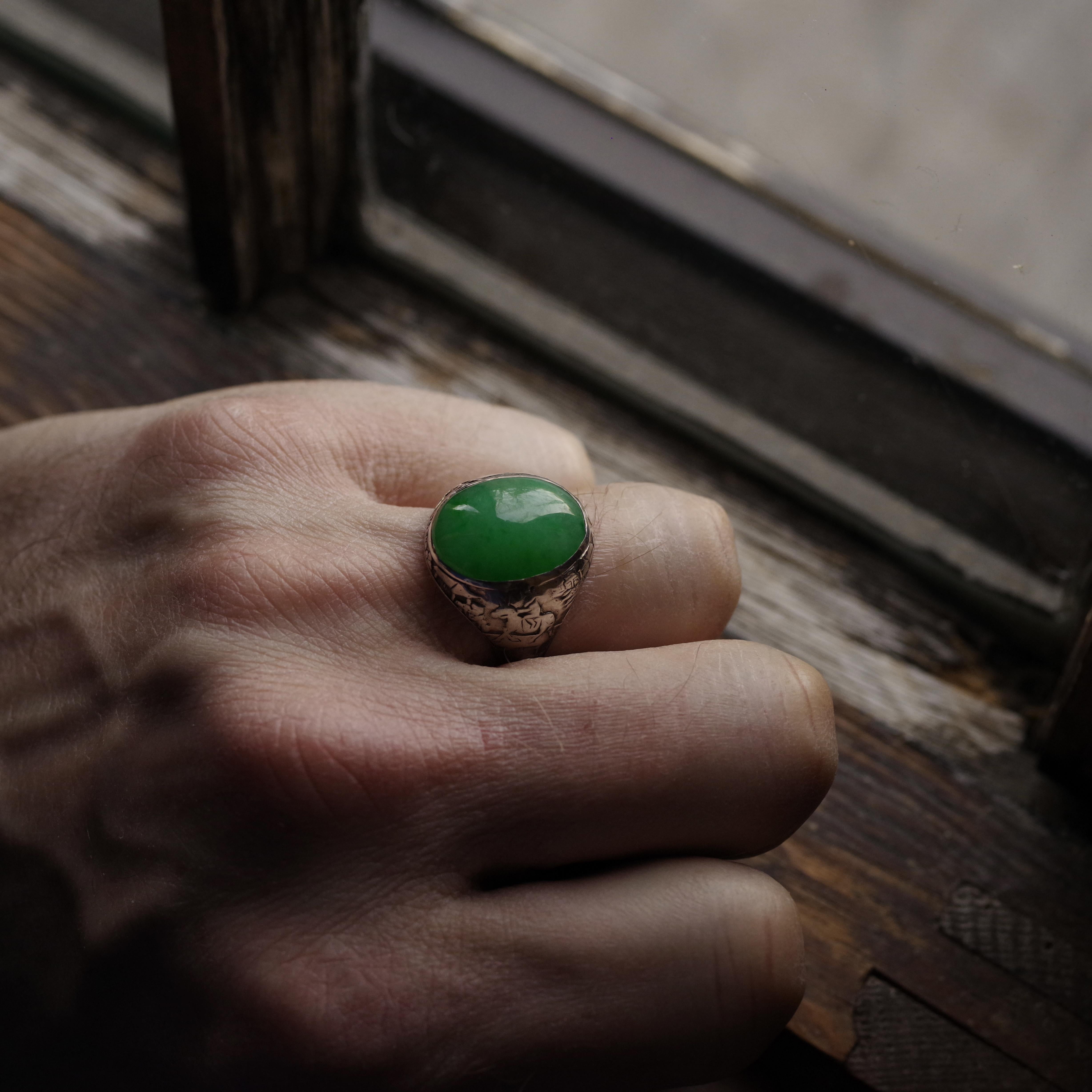 Jade Ring Certified Untreated Hand Carved Vignette Setting, circa 1910 13