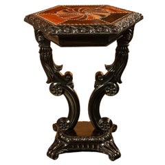 Antique Ceylonese Carved Rosewood Ebony Ivory Silver Specimen Inlaid Table 1850