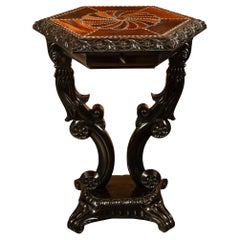 Antique Ceylonese Carved Rosewood Ebony Ivory Silver Specimen Inlaid Table 1850