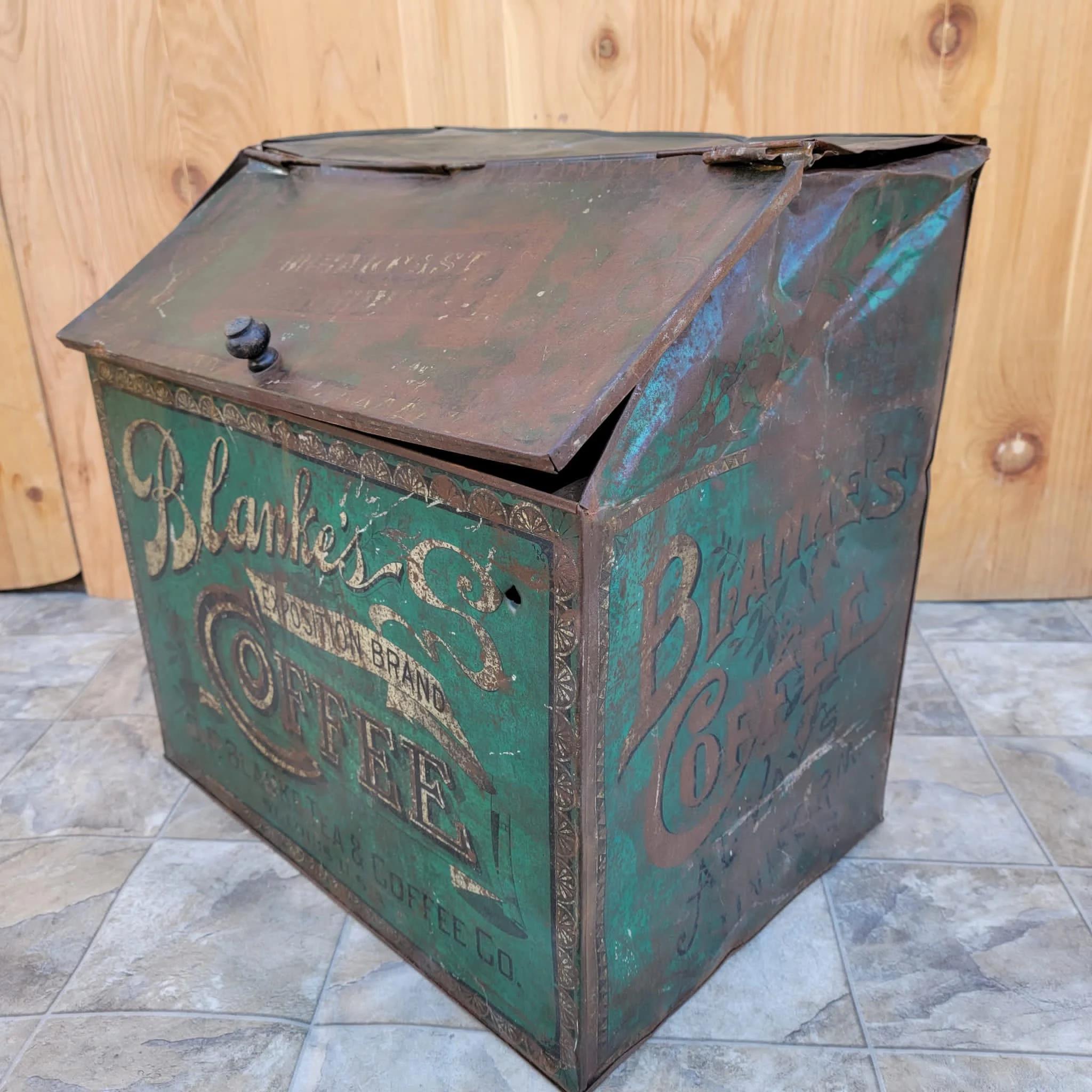 Antique C.F. Blanke Tea and Coffee Company Exposition Brand Green Tin Coffee Bin

This antique forest green coffee bin with a slanted lid opening has an exterior reading: 