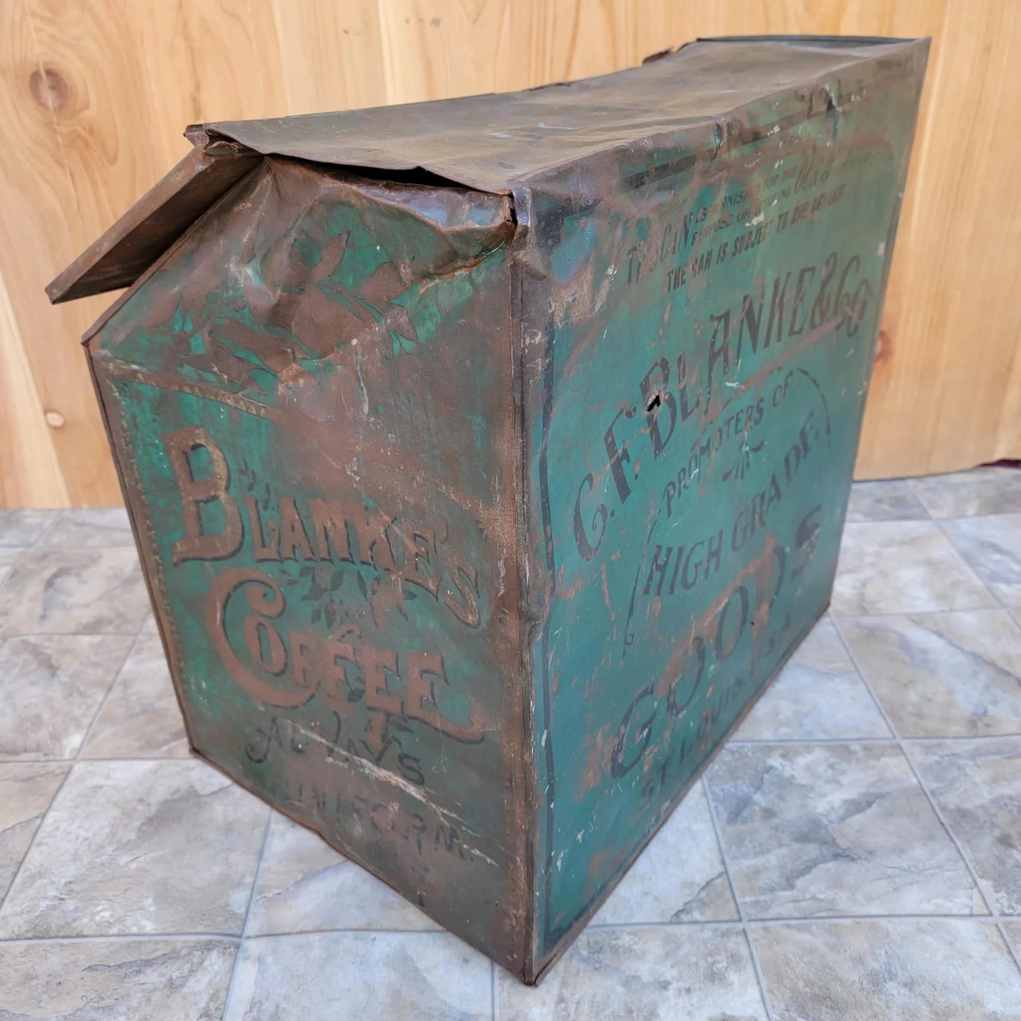 American Classical Antique C.F. Blanke Tea and Coffee Company Exposition Brand Green Tin Coffee Bin For Sale