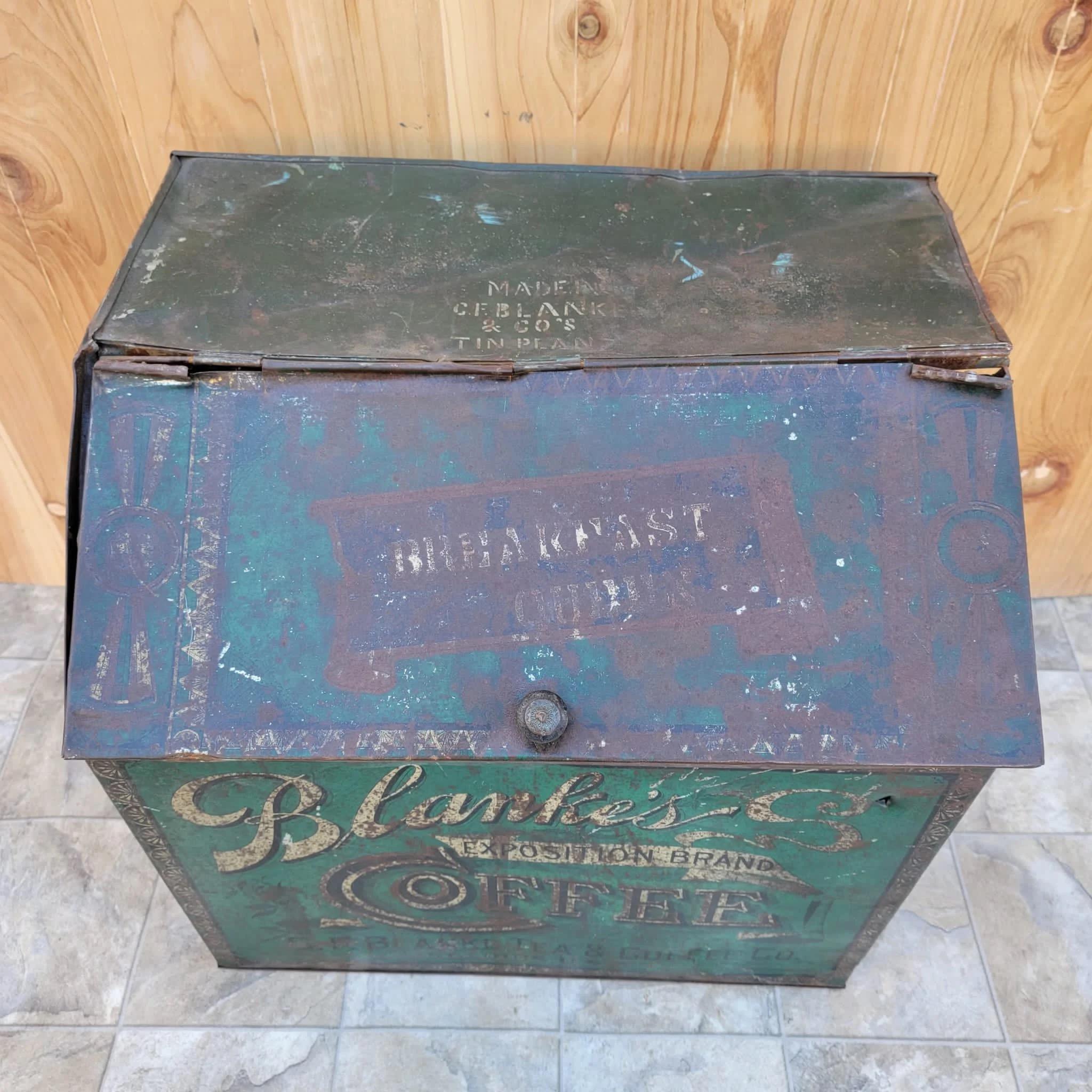 American Antique C.F. Blanke Tea and Coffee Company Exposition Brand Green Tin Coffee Bin For Sale
