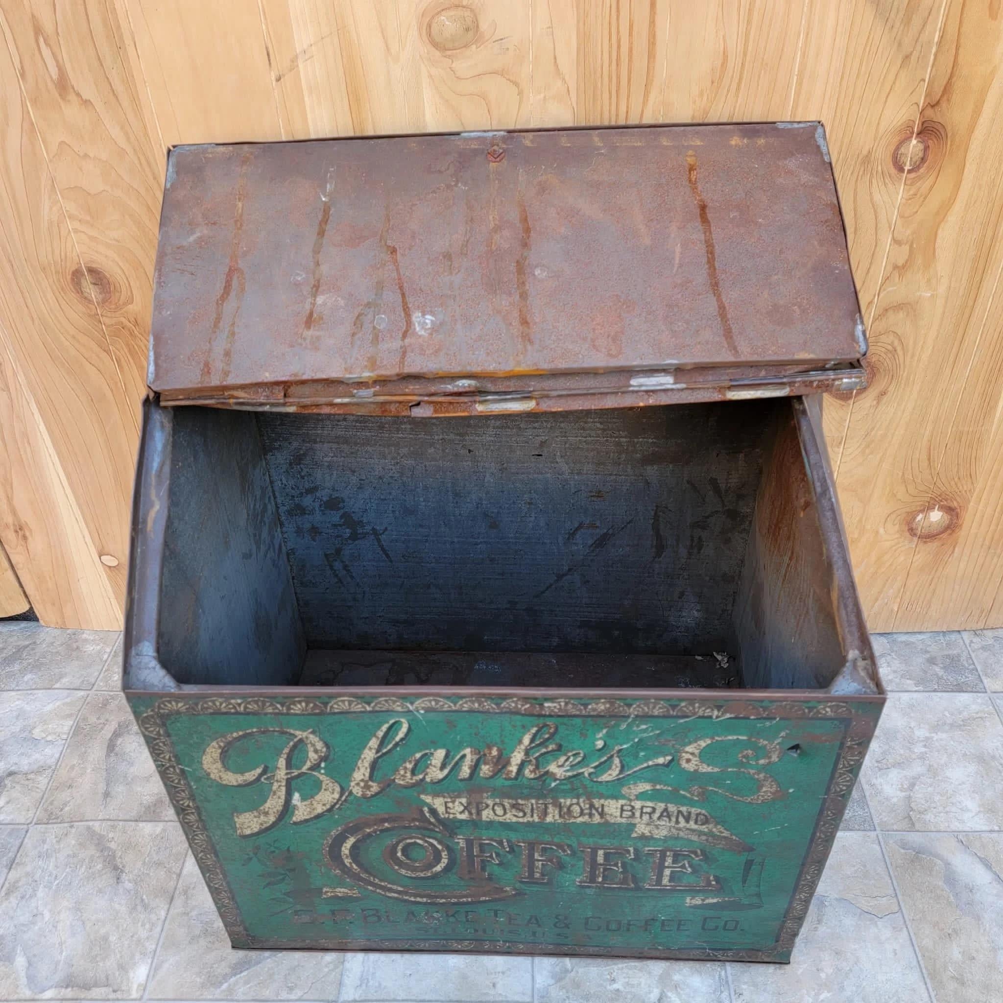 Antique C.F. Blanke Tea and Coffee Company Exposition Brand Green Tin Coffee Bin In Good Condition For Sale In Chicago, IL