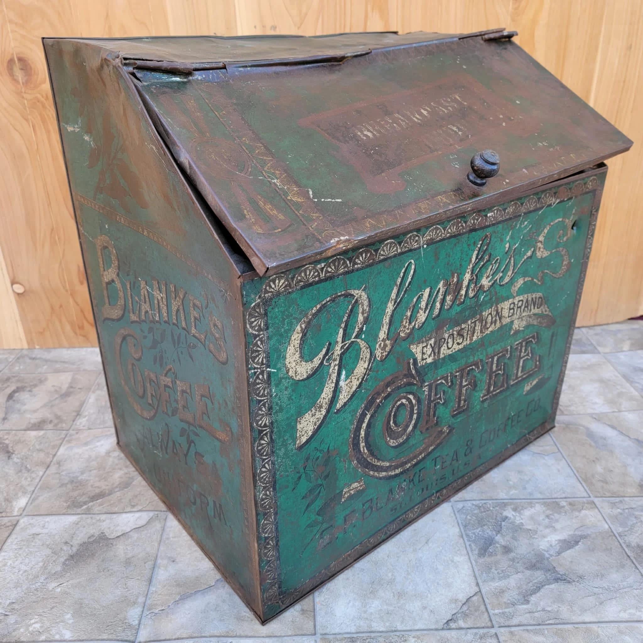 20th Century Antique C.F. Blanke Tea and Coffee Company Exposition Brand Green Tin Coffee Bin For Sale