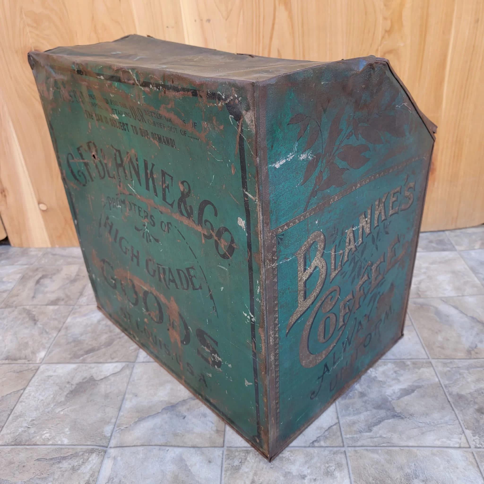Metal Antique C.F. Blanke Tea and Coffee Company Exposition Brand Green Tin Coffee Bin For Sale