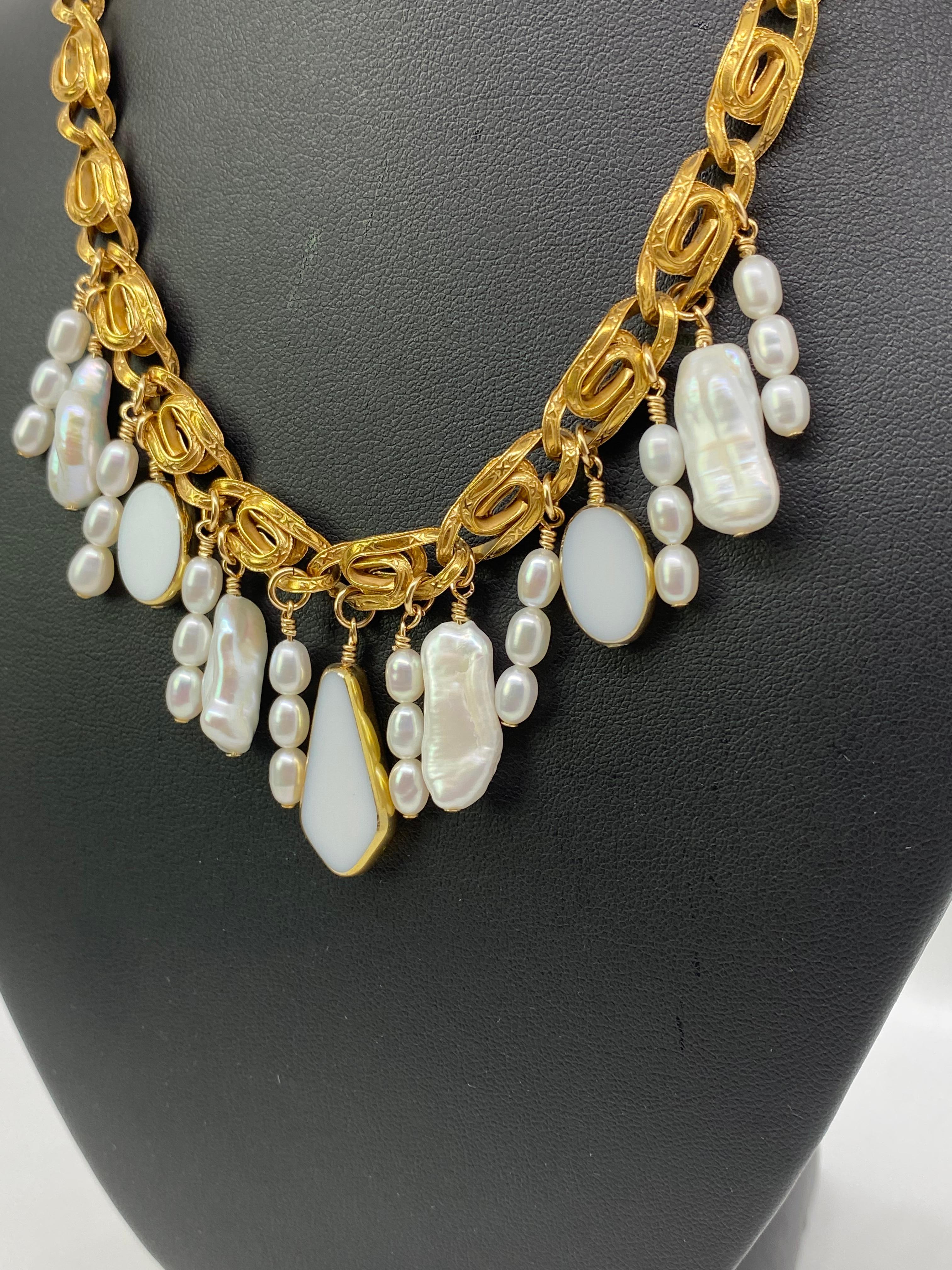 Contemporary Antique Chain adorned with German Glass Beads & Pearls, Entwine Necklace For Sale