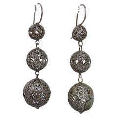 Antique chain earrings with clip and silver filigree spheres