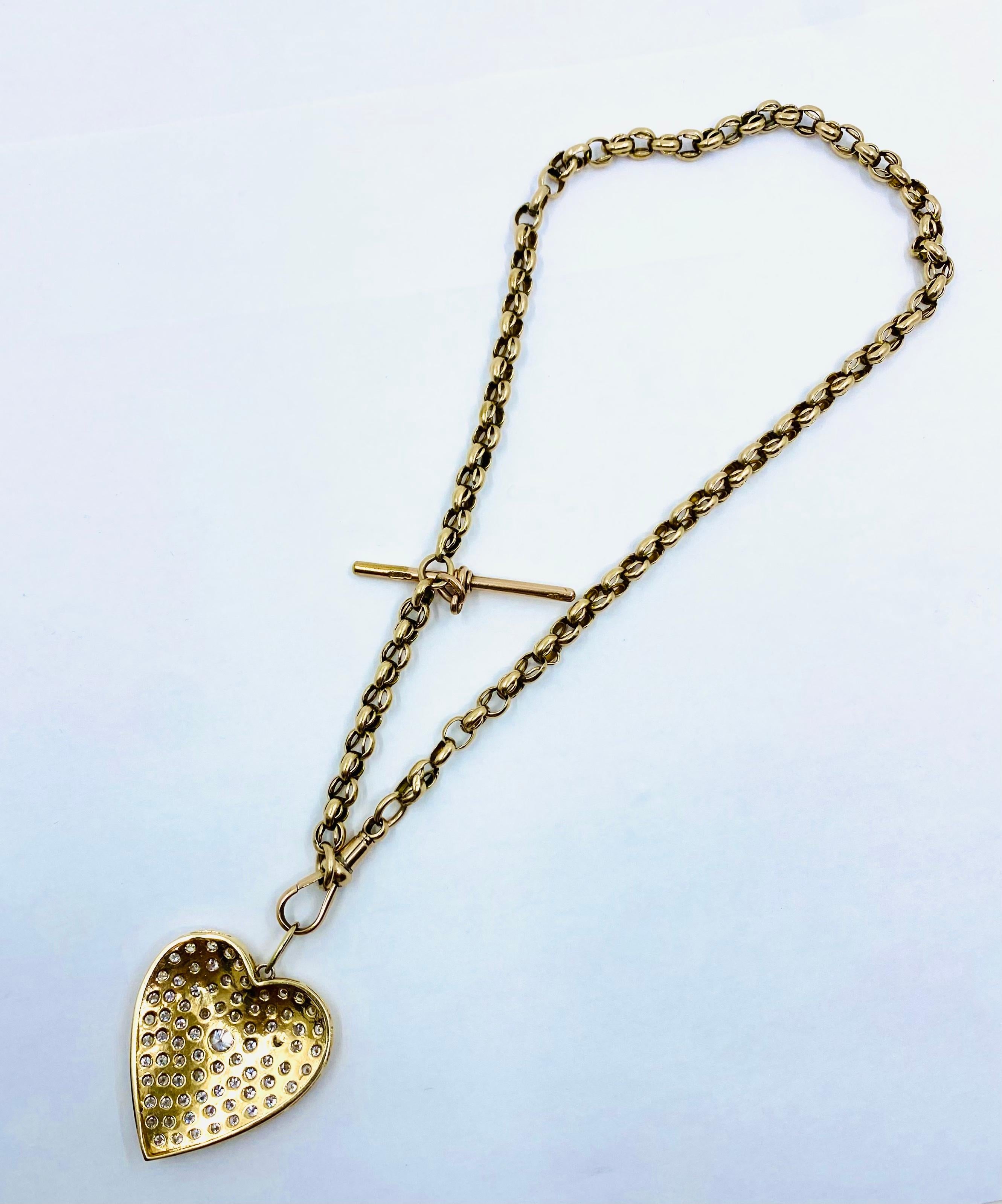 Antique Chain Necklace 9k Gold Diamond Heart 14K Gold Pendant For Sale 7