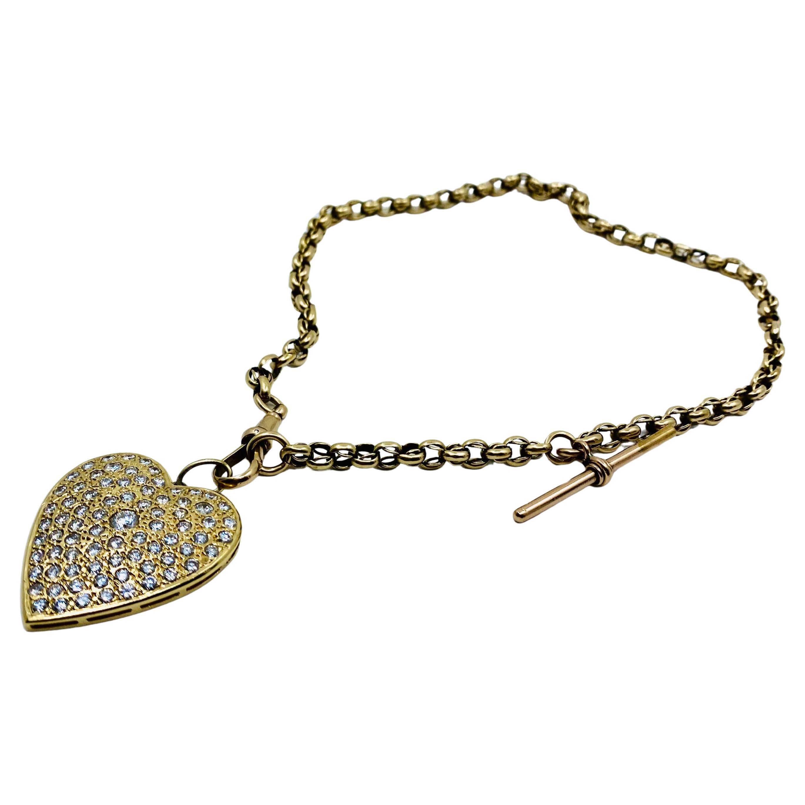 Antique Chain Necklace 9k Gold Diamond Heart 14K Gold Pendant In Good Condition For Sale In Beverly Hills, CA