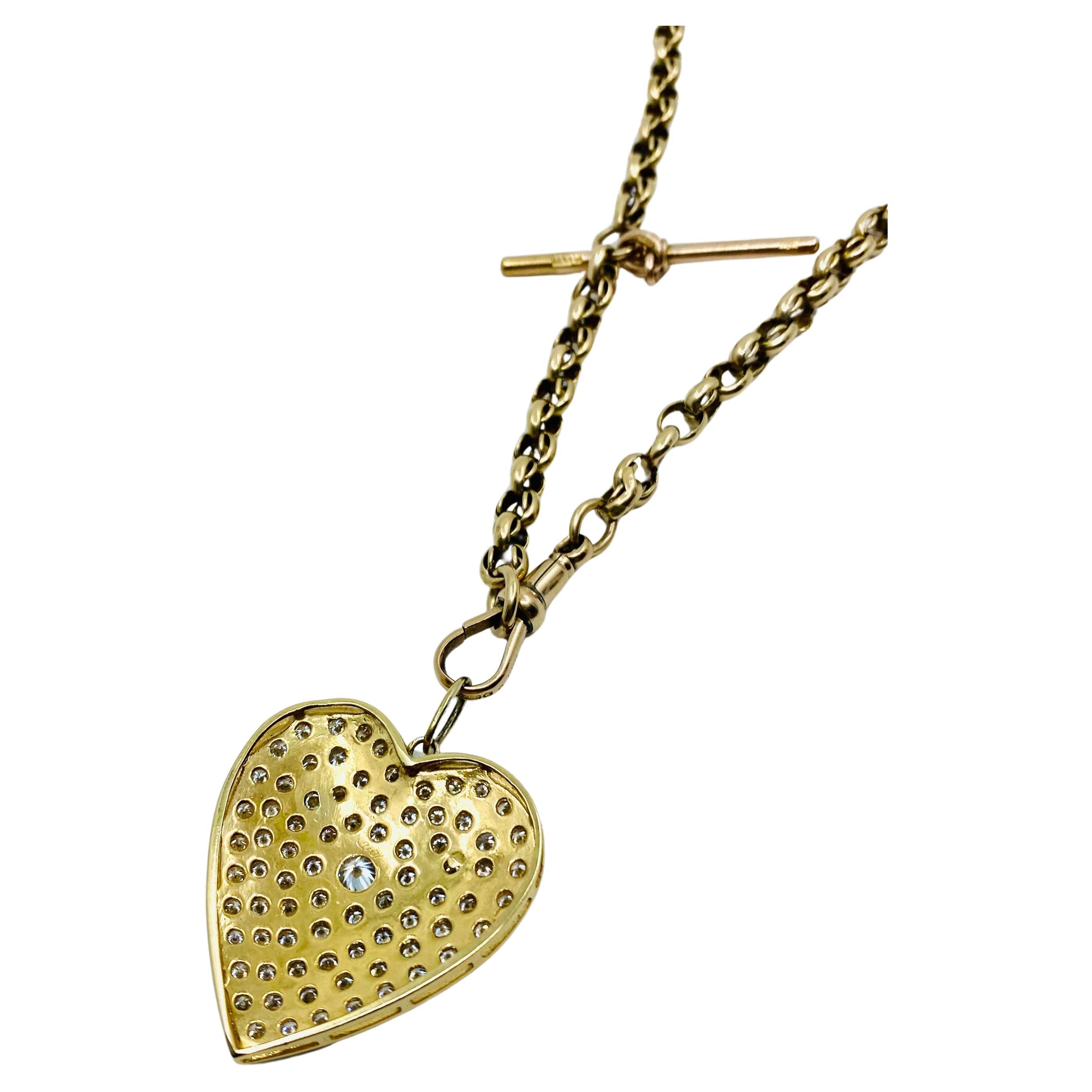 Antique Chain Necklace 9k Gold Diamond Heart 14K Gold Pendant For Sale 2